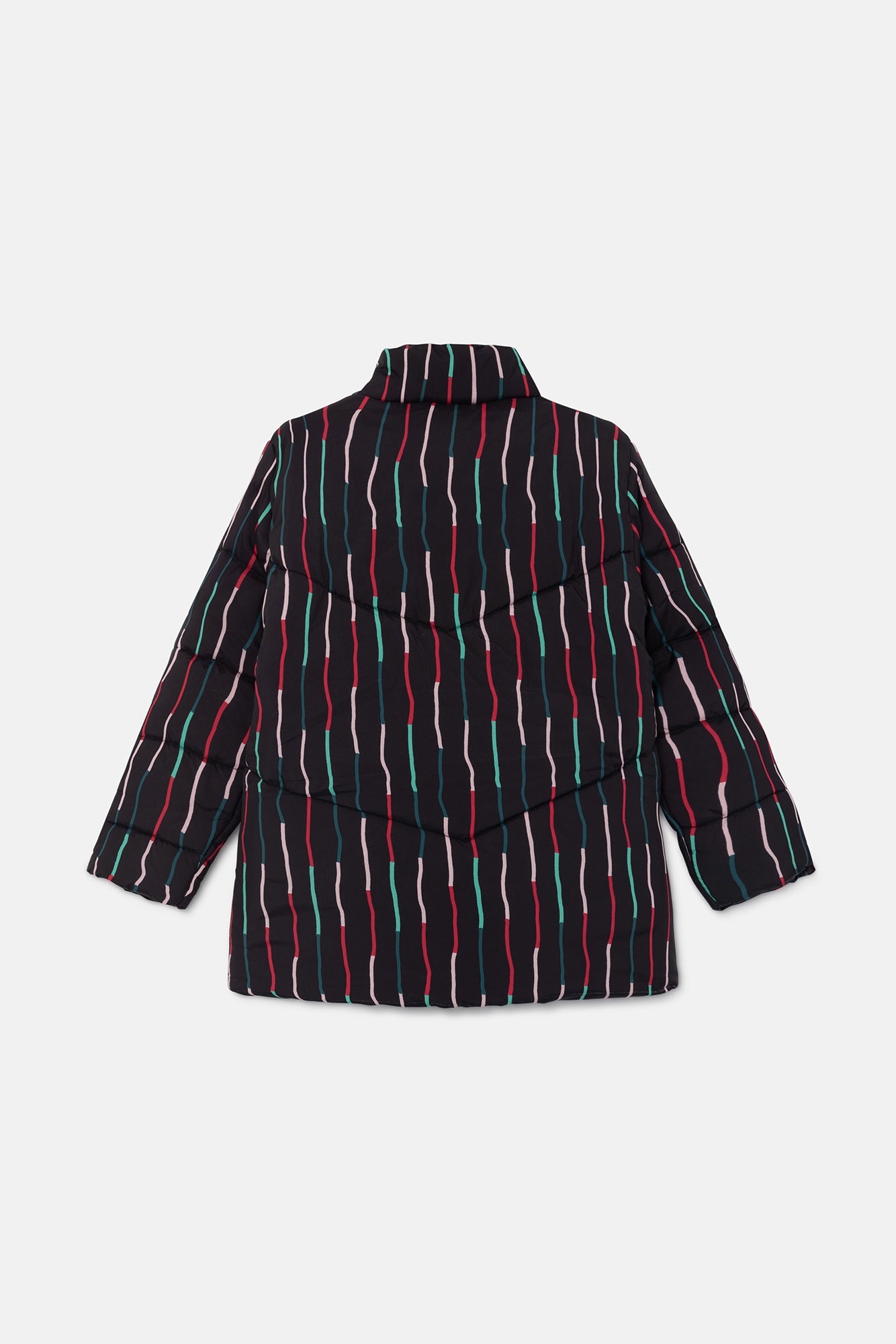 Abrigo unisex plumífero corto con estampado de rayas negro