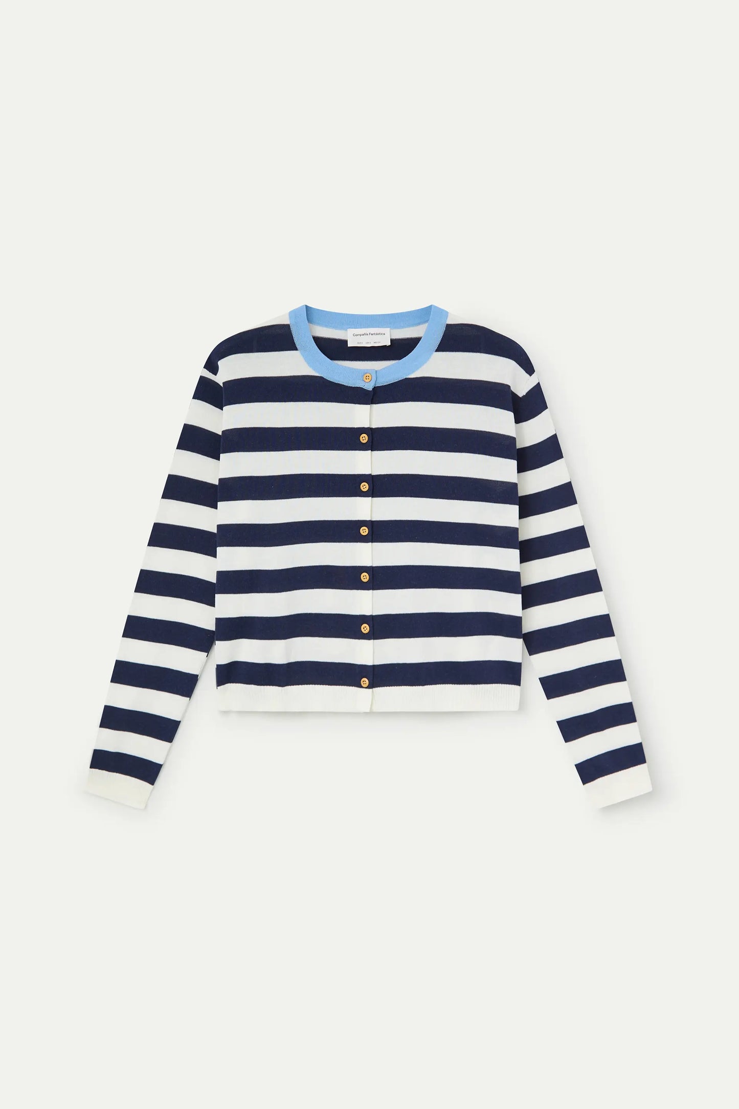 Soft knit cardigan with white and navy striped print