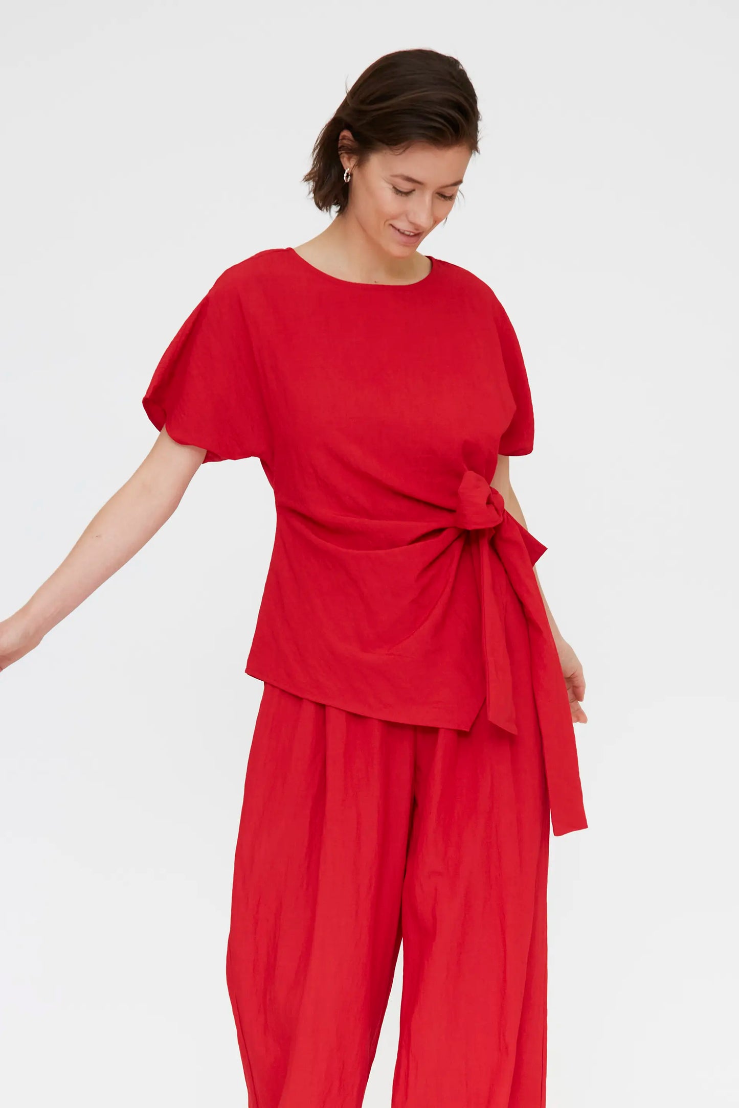 Red top with tie detail
