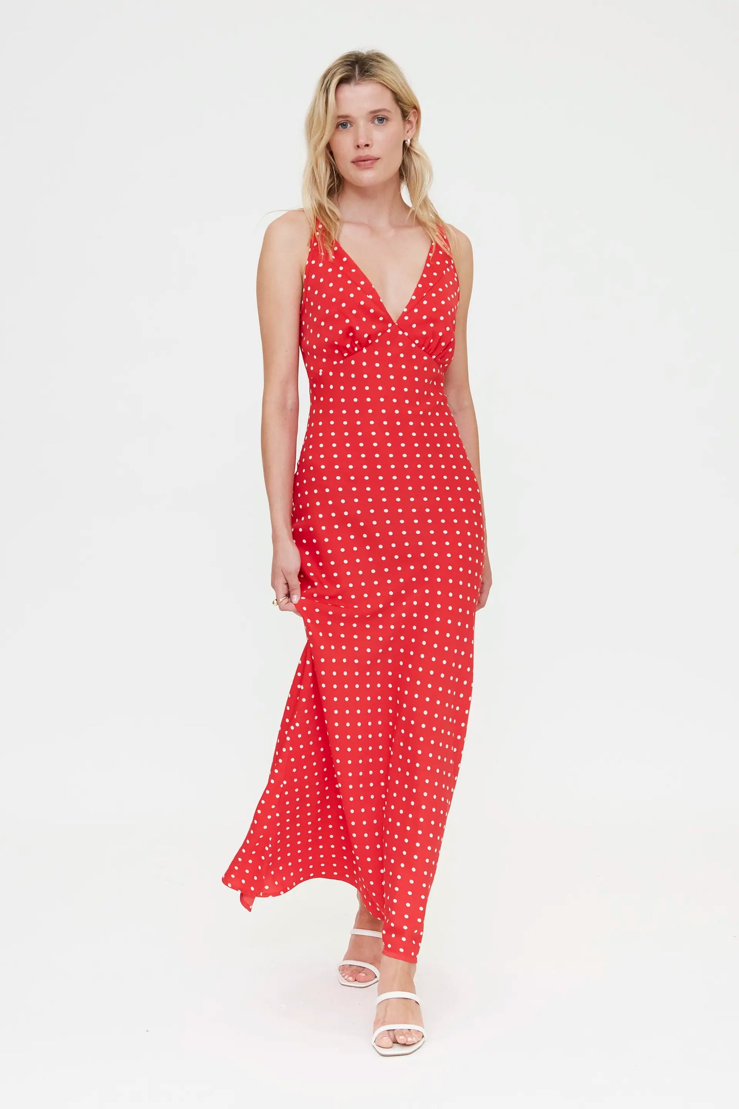 Vestido largo con estampado mini dots rojo