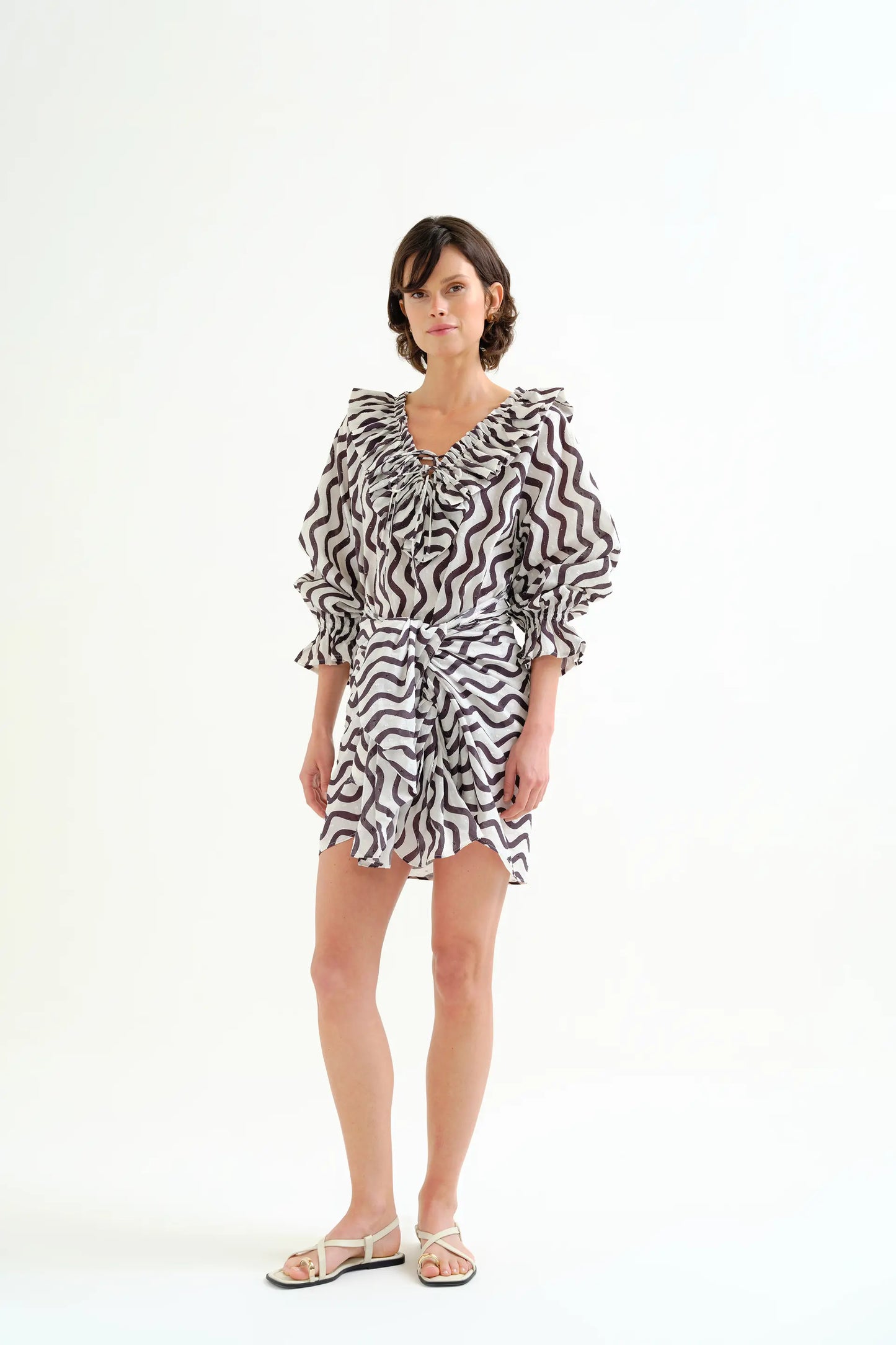 Black & White Wave Print Beach Top with Ruffles