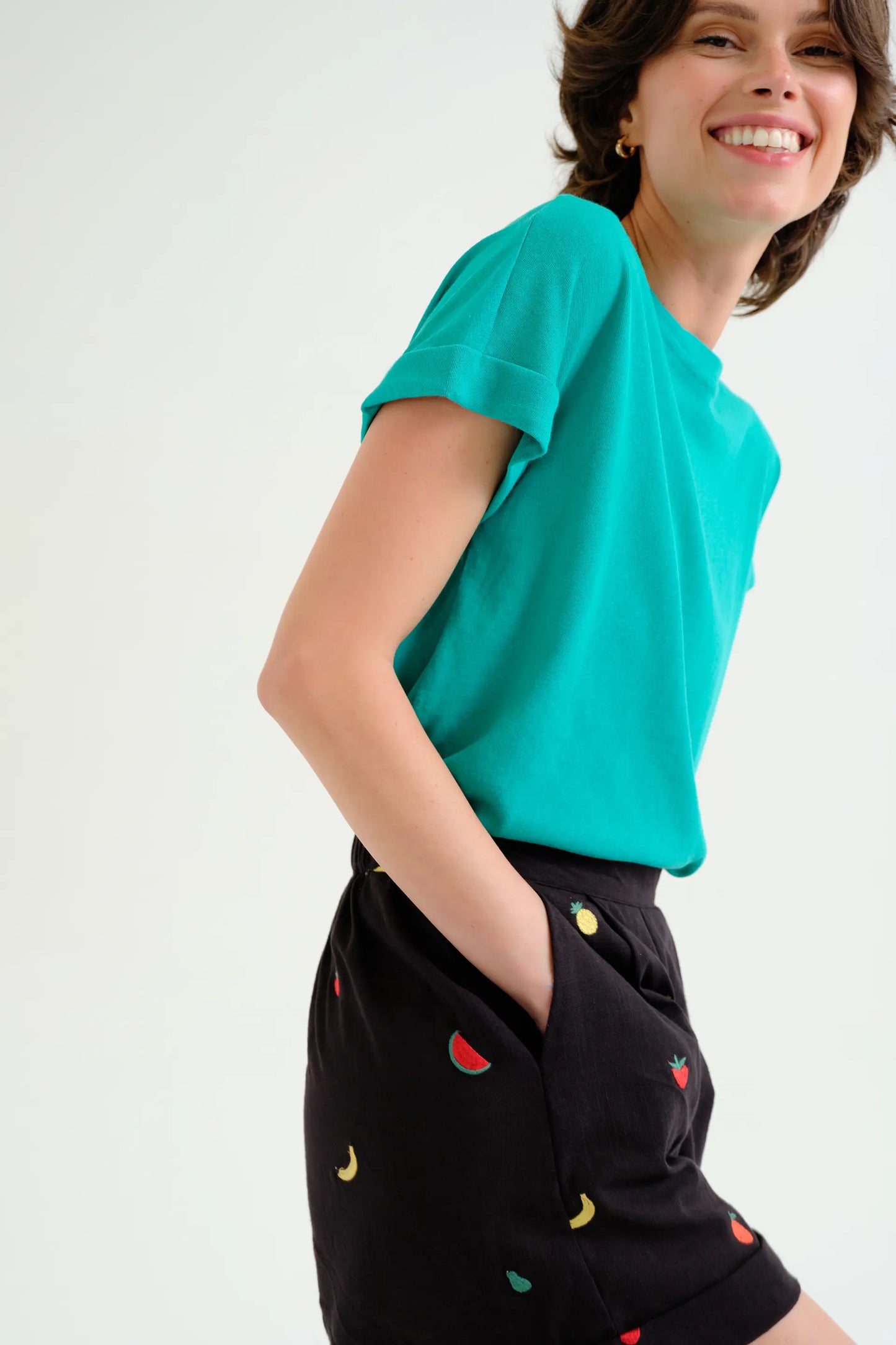 100% cotton black shorts with fruit salad embroidery