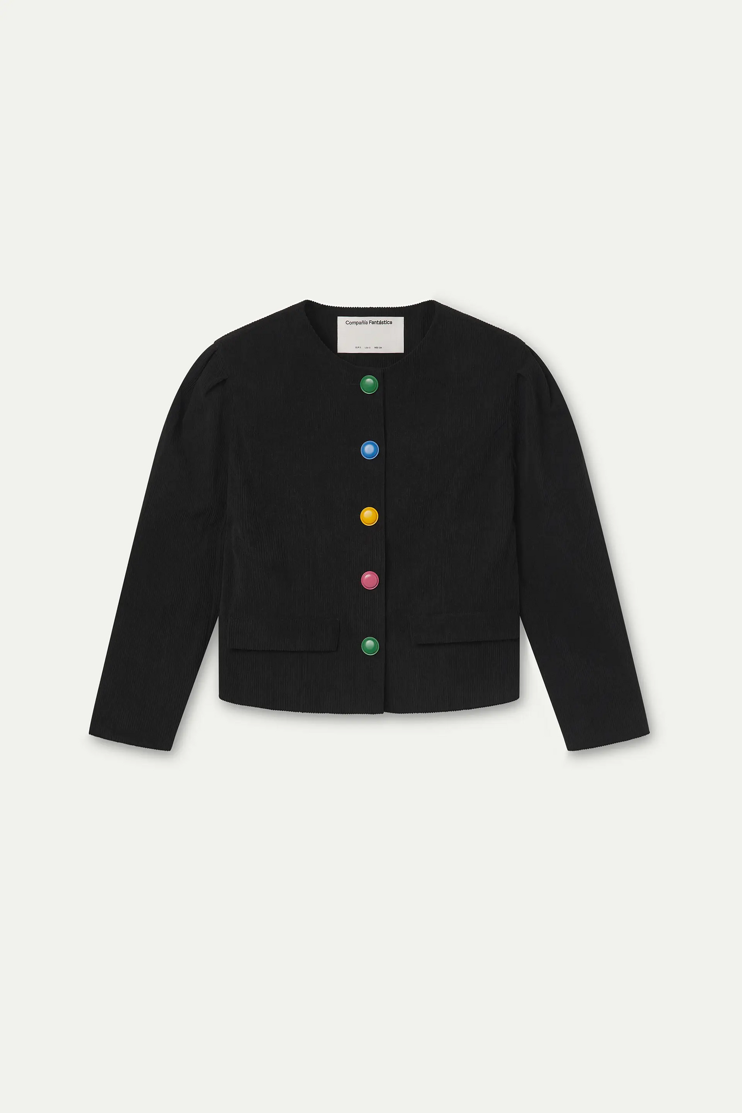 Black corduroy jacket with multicolor buttons