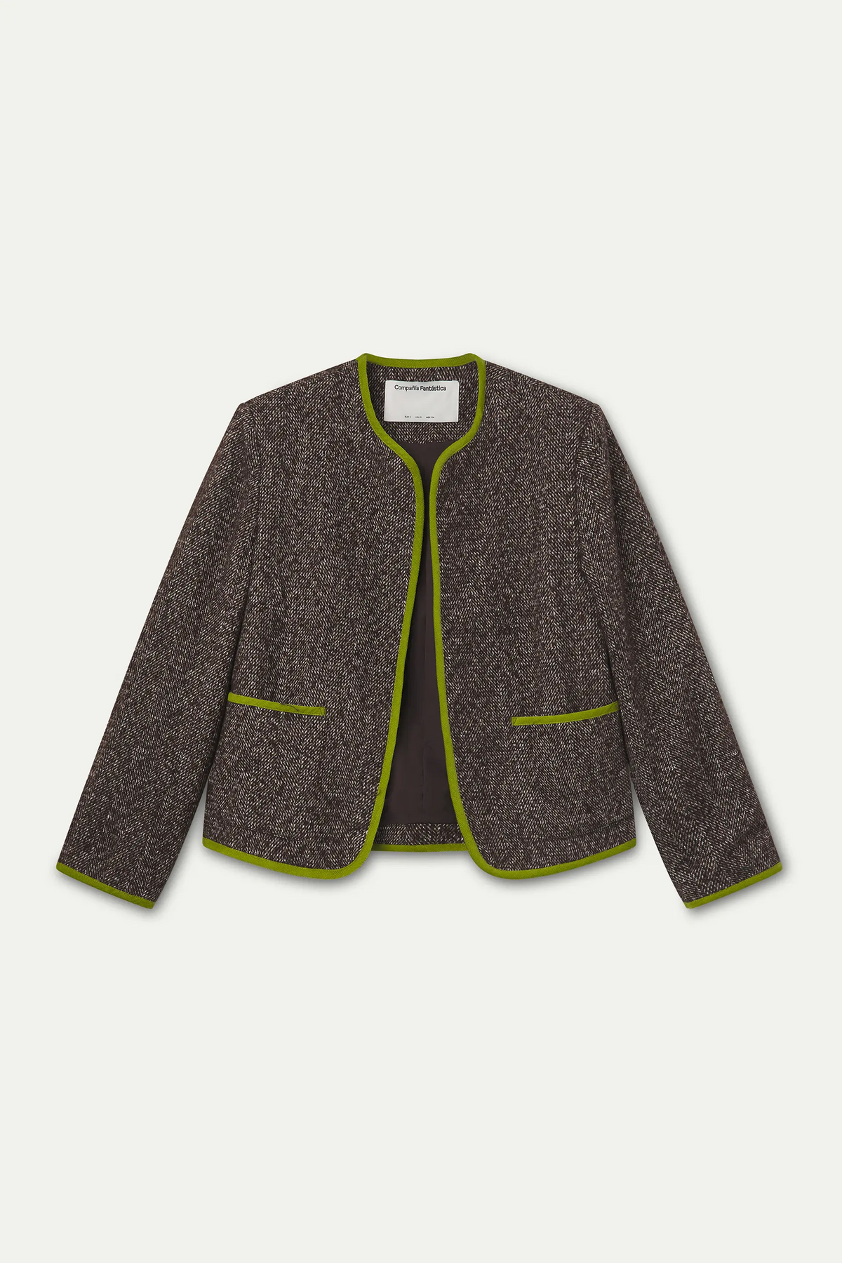 Chaqueta tweed marrón con detalles verde claro