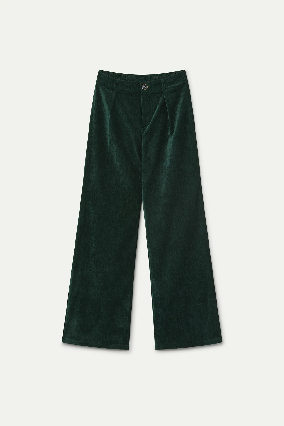 Pantalón aterciopelado verde oscuro con botón joya