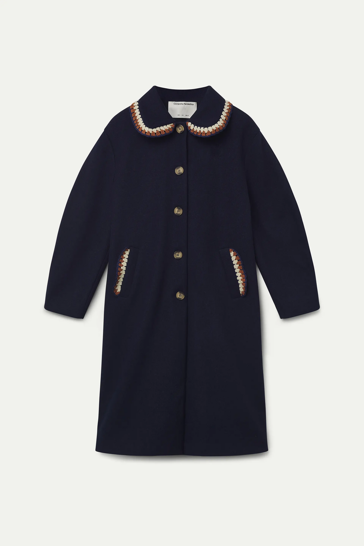 Navy blue coat with crochet details