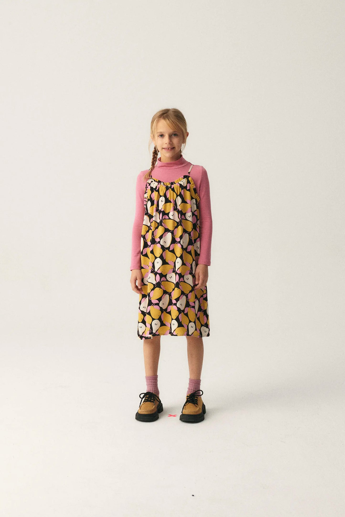 Vestido midi de niña con estampado de peras