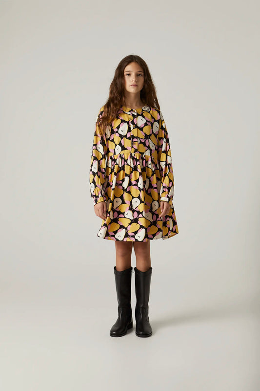 Vestido corto camisero de niña con estampado de peras