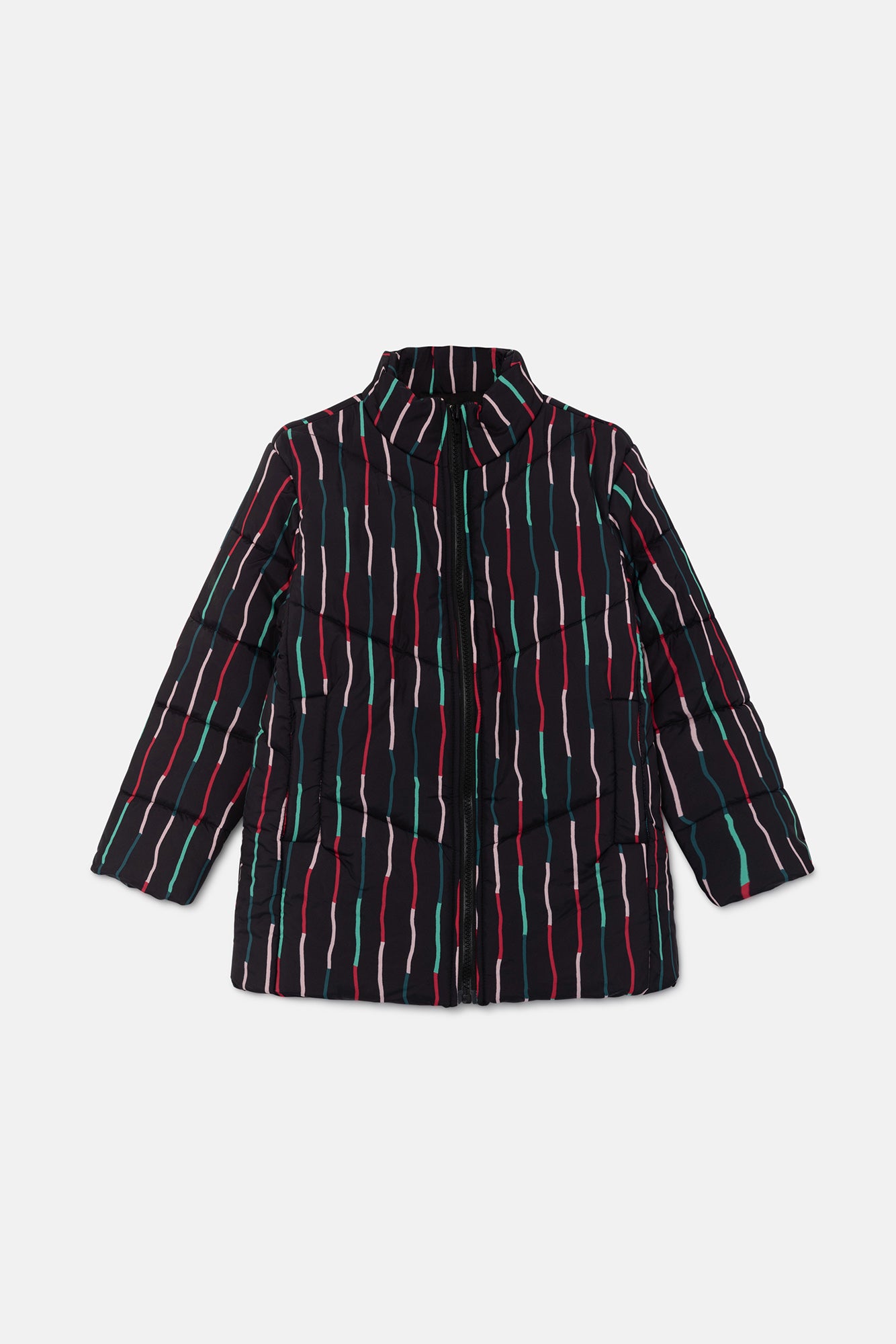 Abrigo unisex plumífero corto con estampado de rayas negro