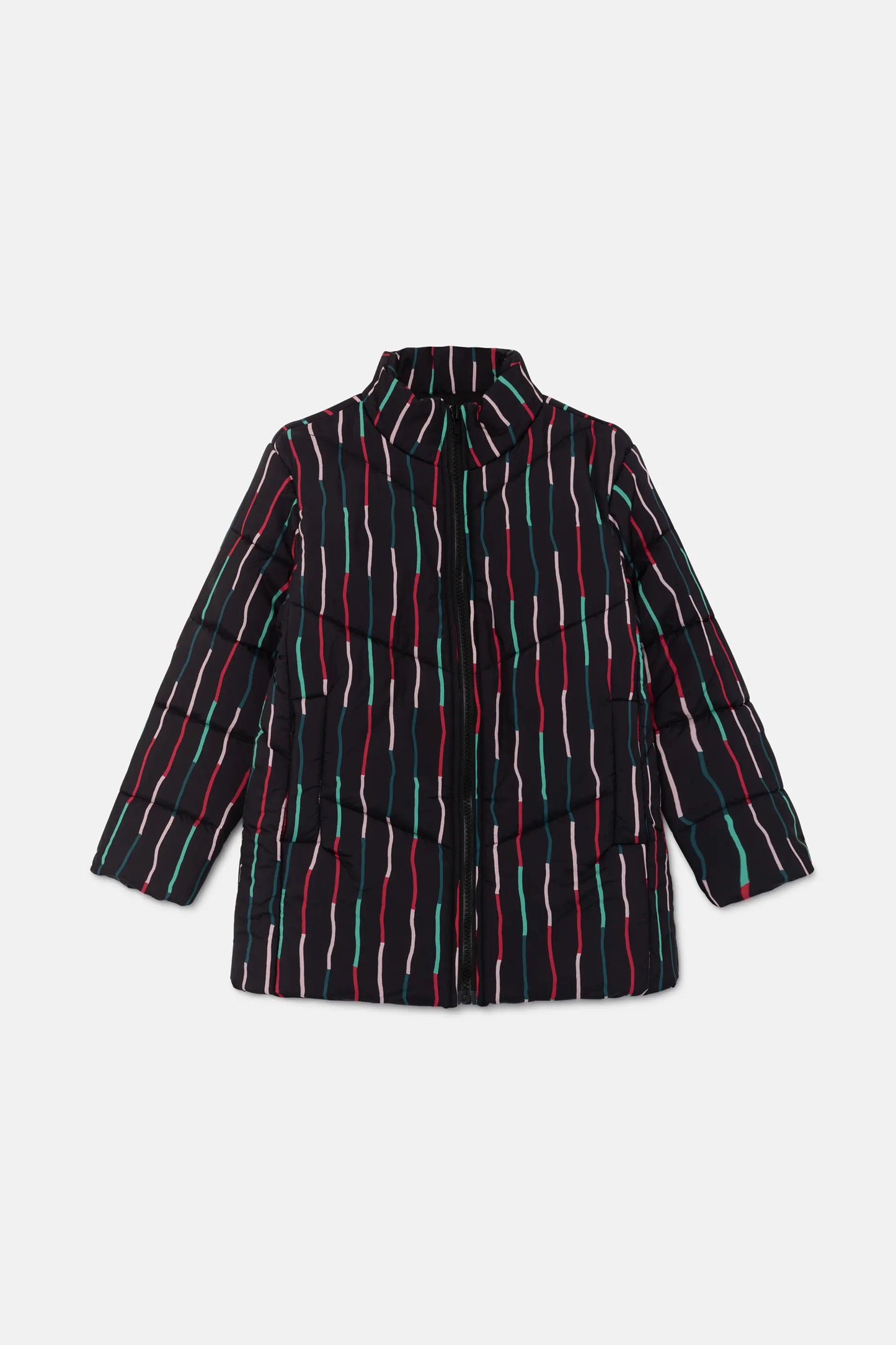 Abrigo unisex plumífero corto con estampado de rayas negro