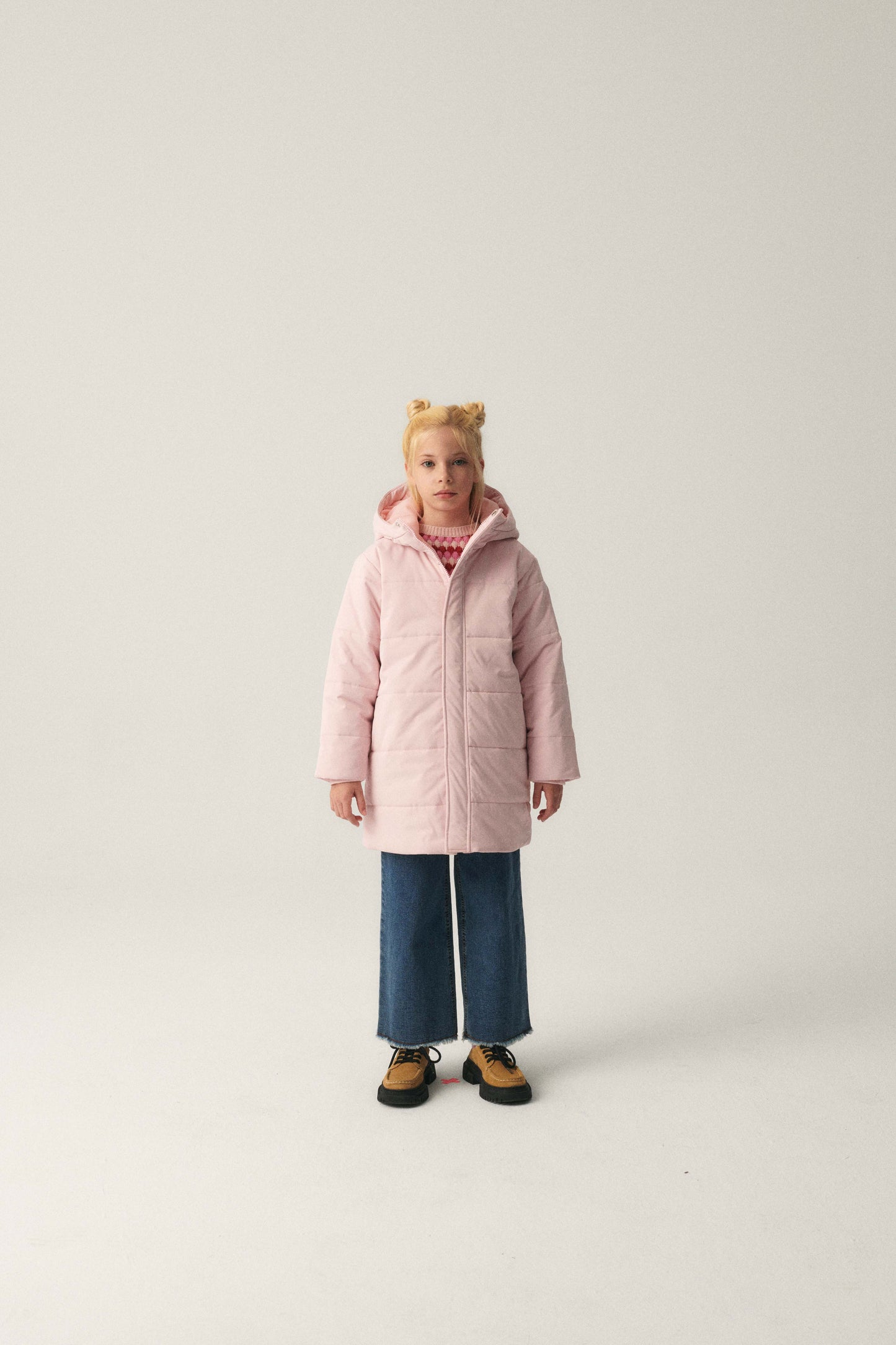 Unisex midi puffer coat with pink hood