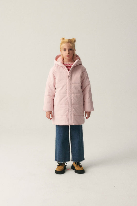 Abrigo unisex plumífero midi con capucha rosa