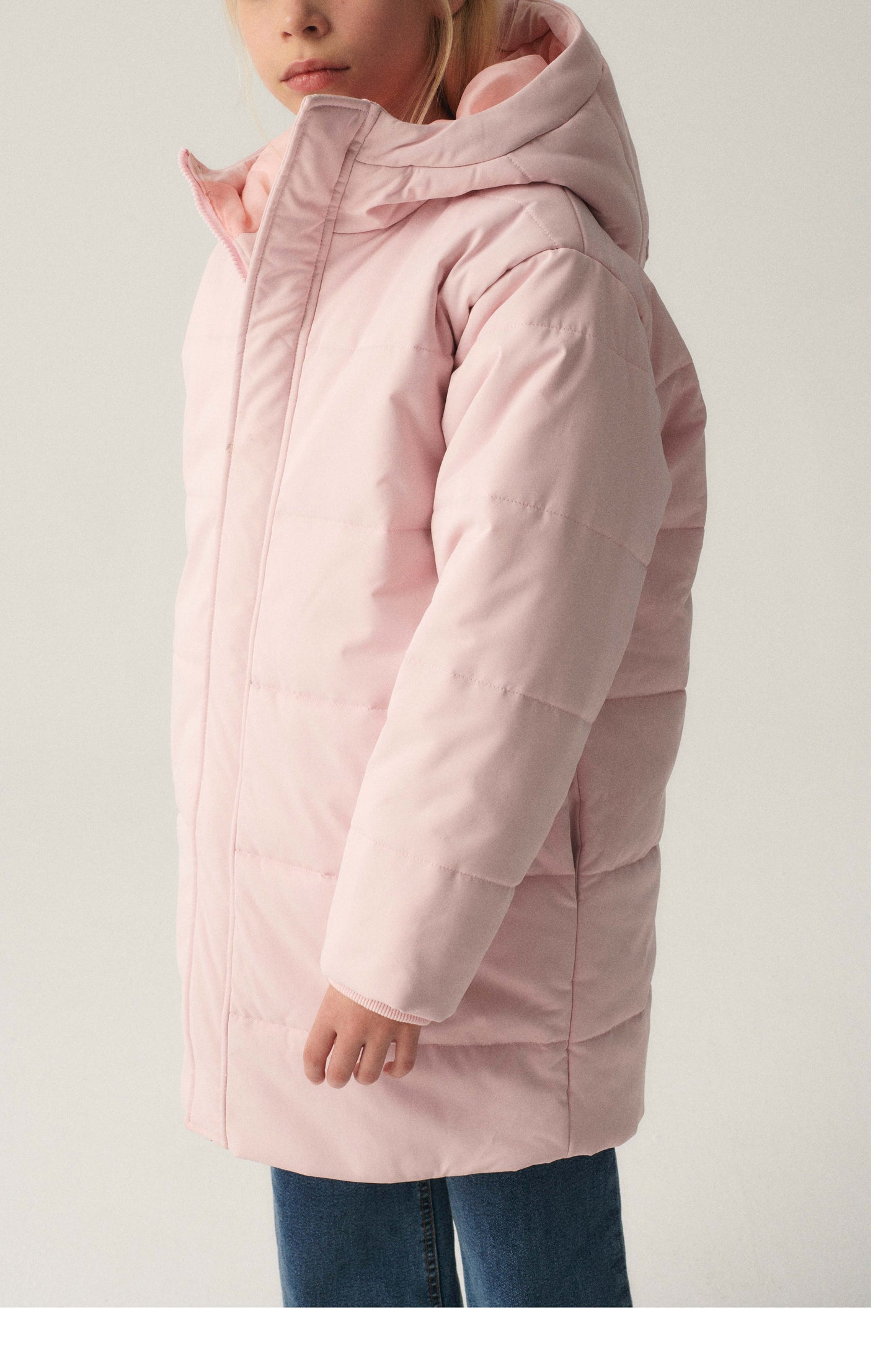 Unisex midi puffer coat with pink hood