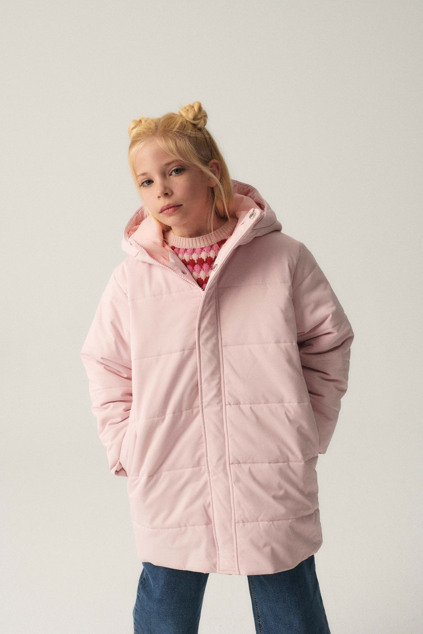 Unisex midi puffer coat with pink hood