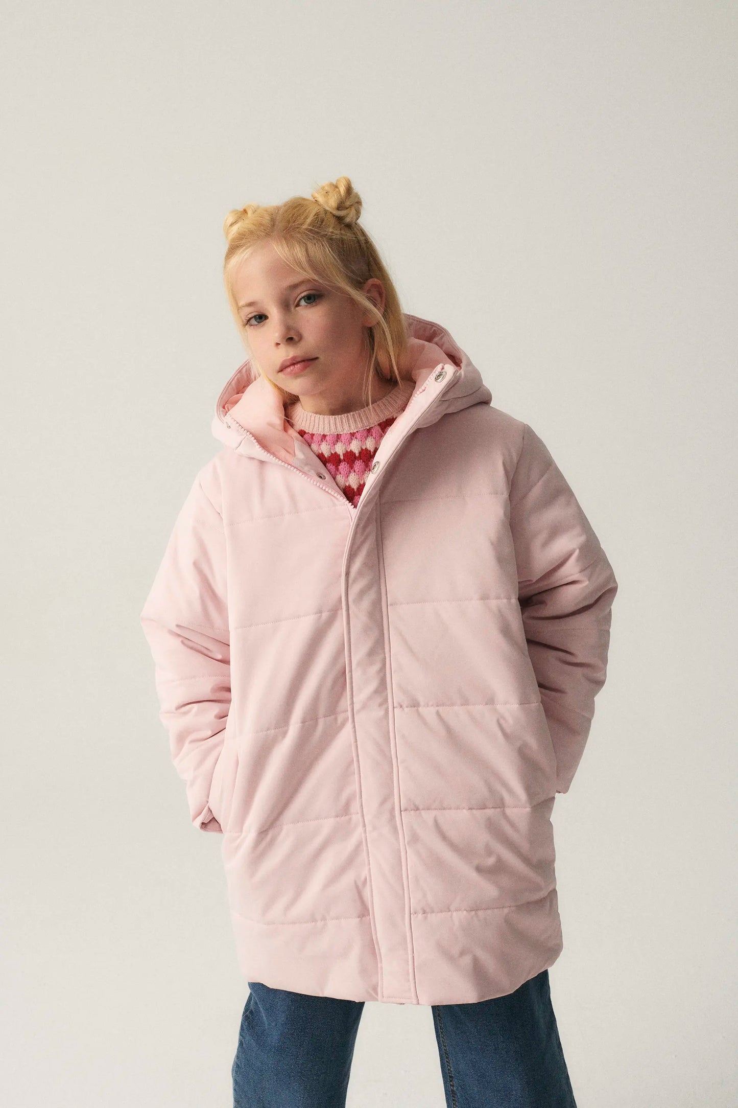 Unisex midi puffer coat with pink hood