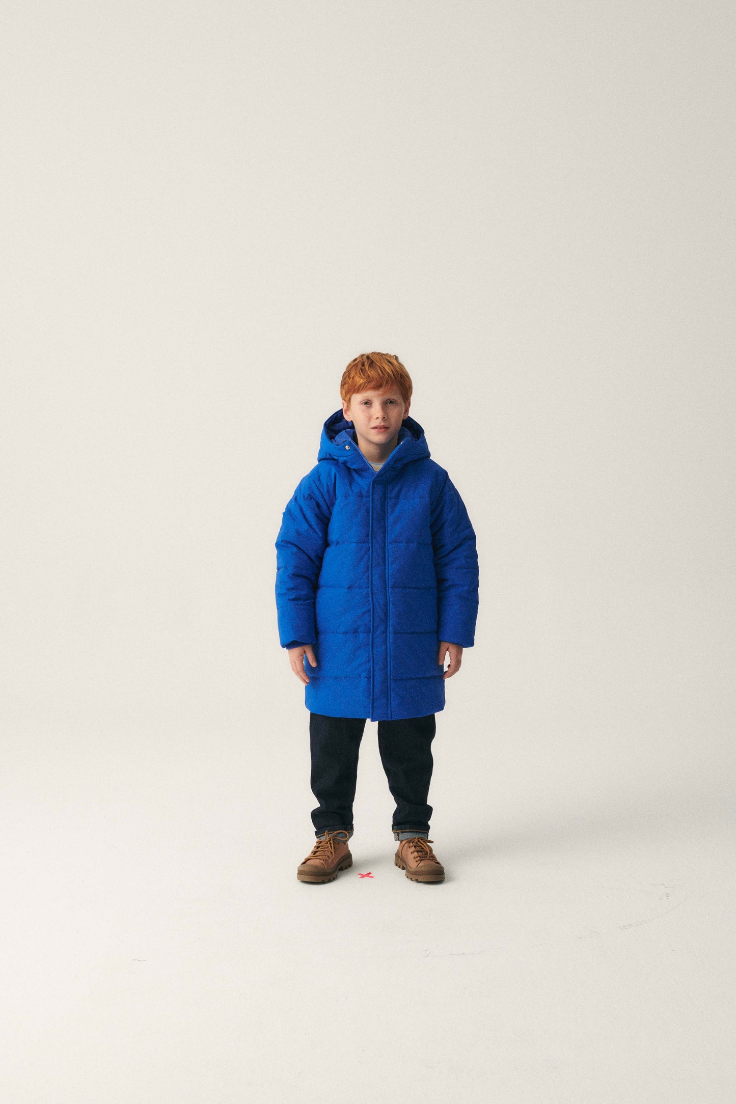 Unisex midi puffer coat with blue hood