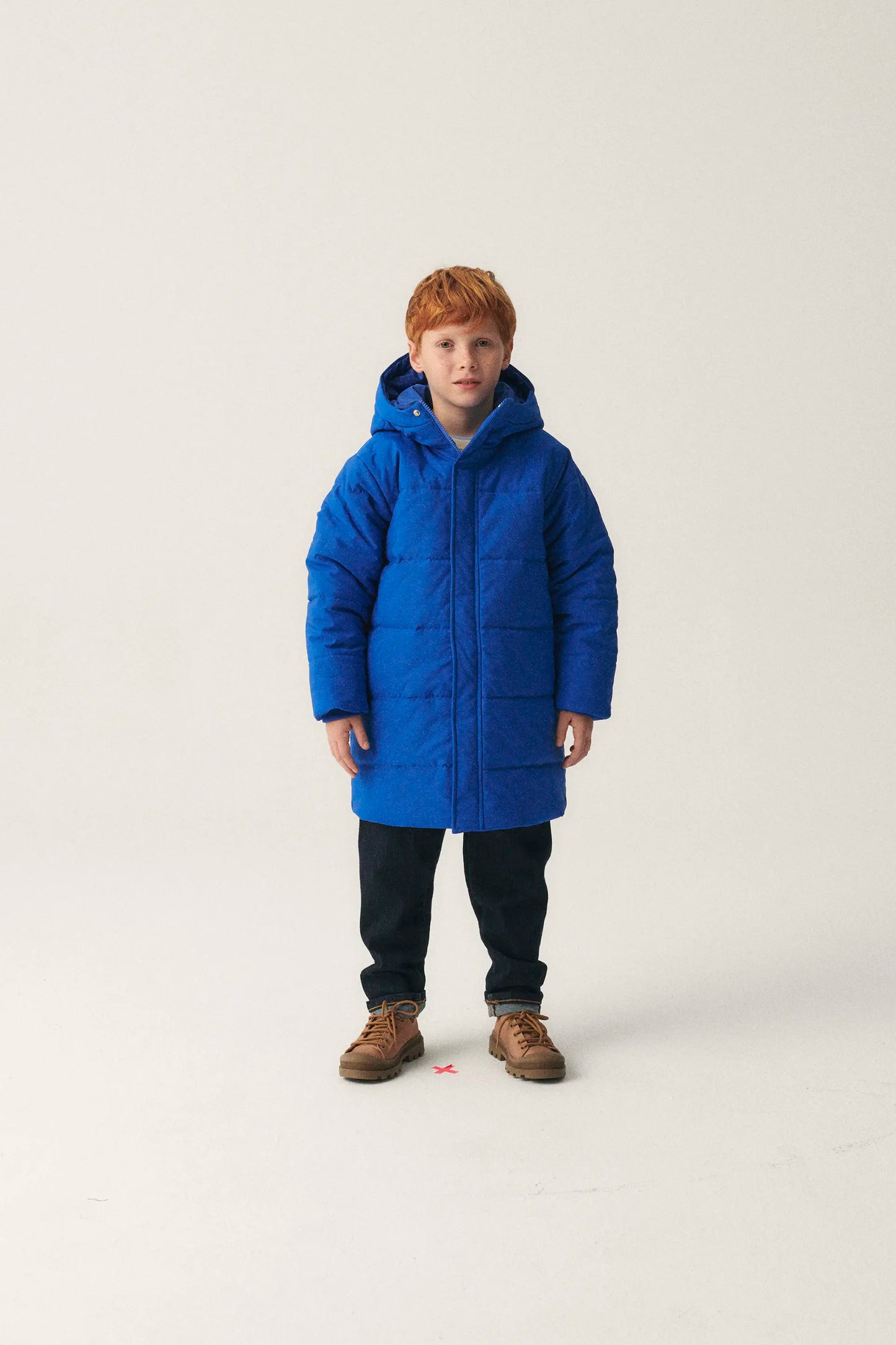 Unisex midi puffer coat with blue hood