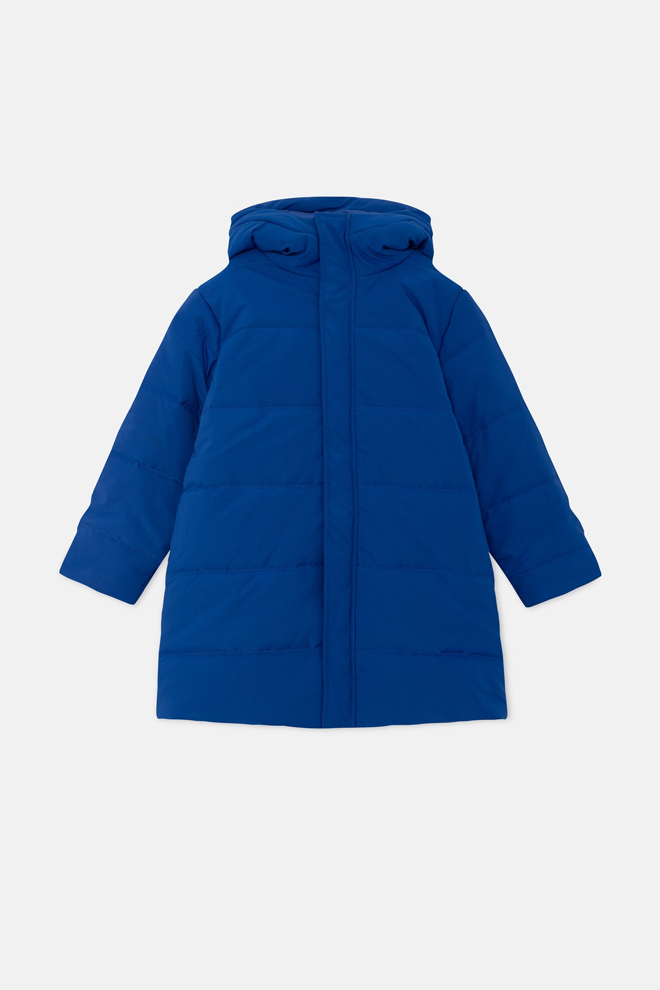 Unisex midi puffer coat with blue hood