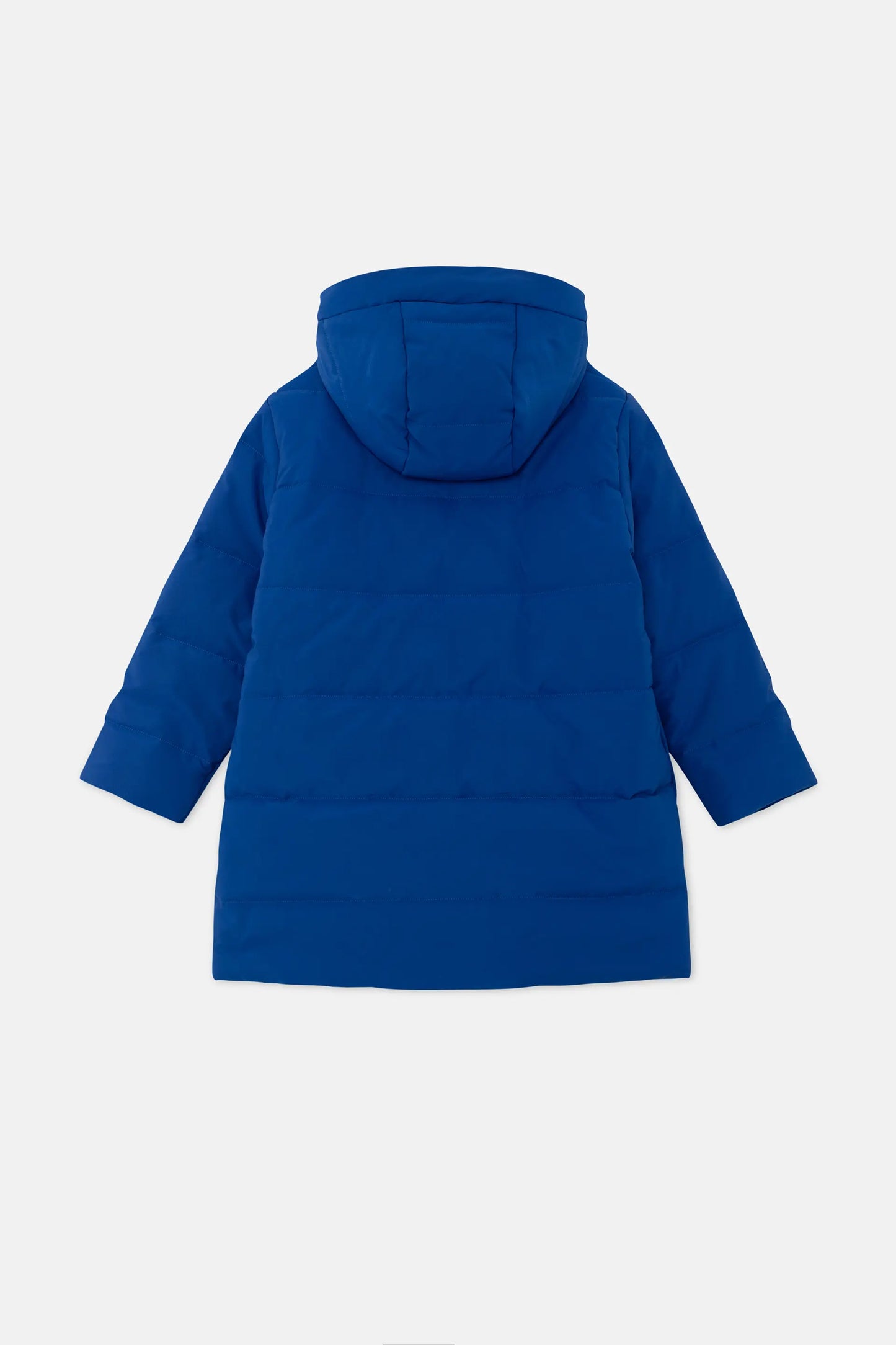 Unisex midi puffer coat with blue hood