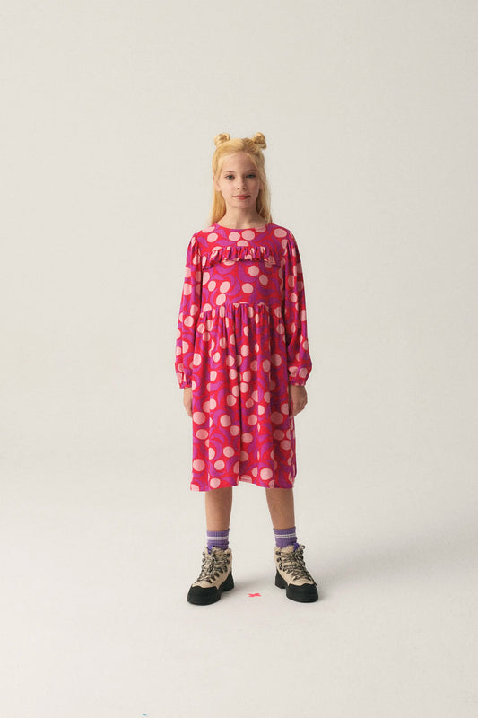 Abito midi da bambina con volant e stampa fantasia rosa
