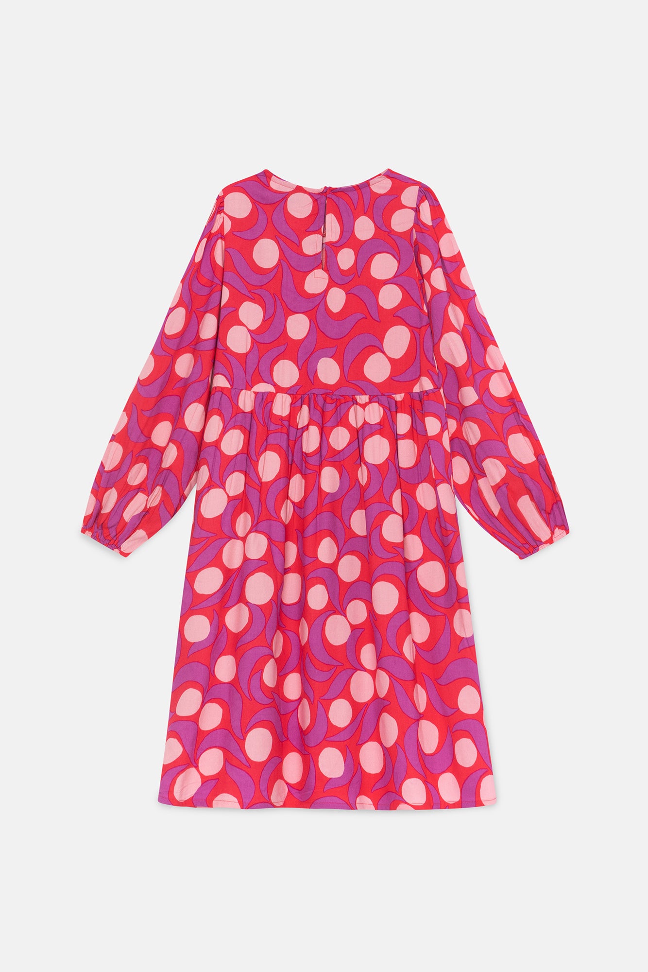 Girl's midi dress with ruffle and pink fantasy print
