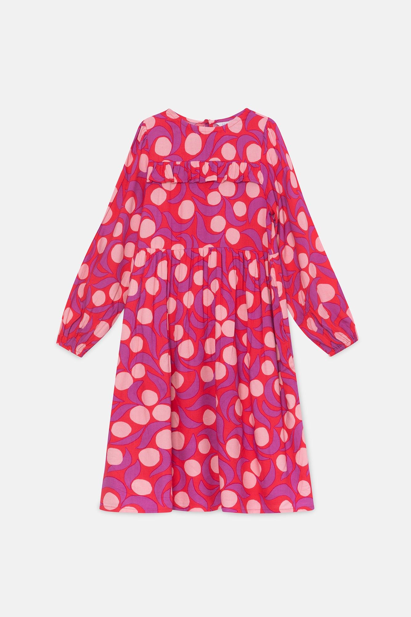 Girl's midi dress with ruffle and pink fantasy print