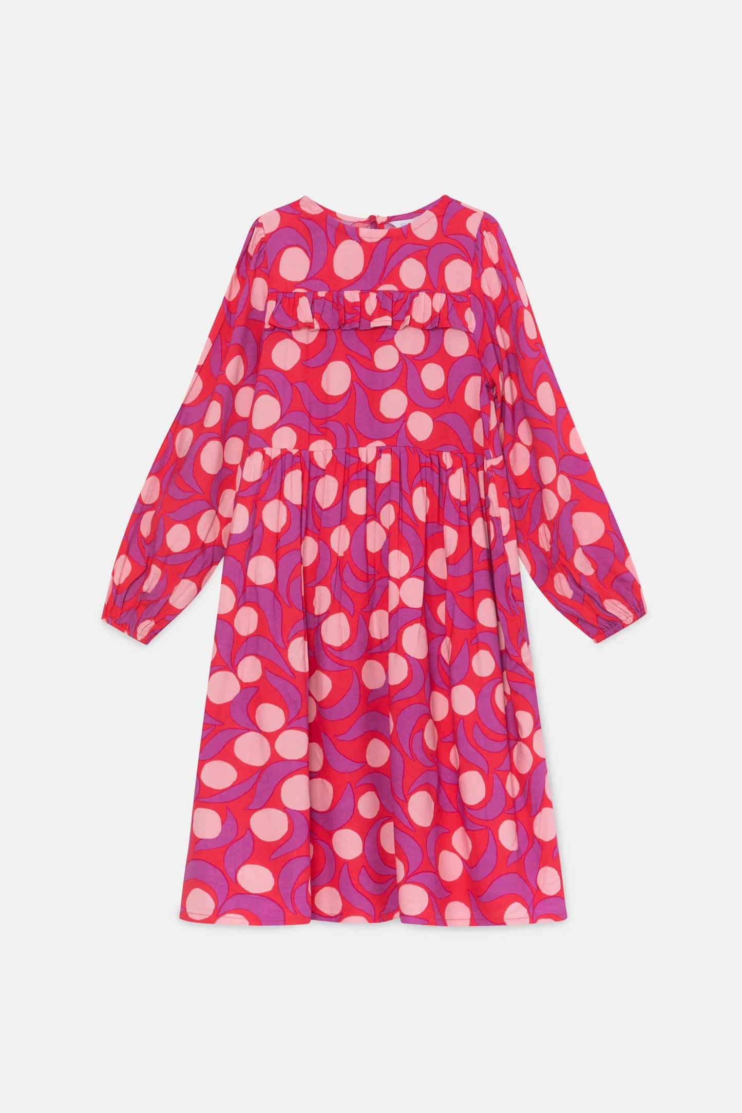 Girl's midi dress with ruffle and pink fantasy print