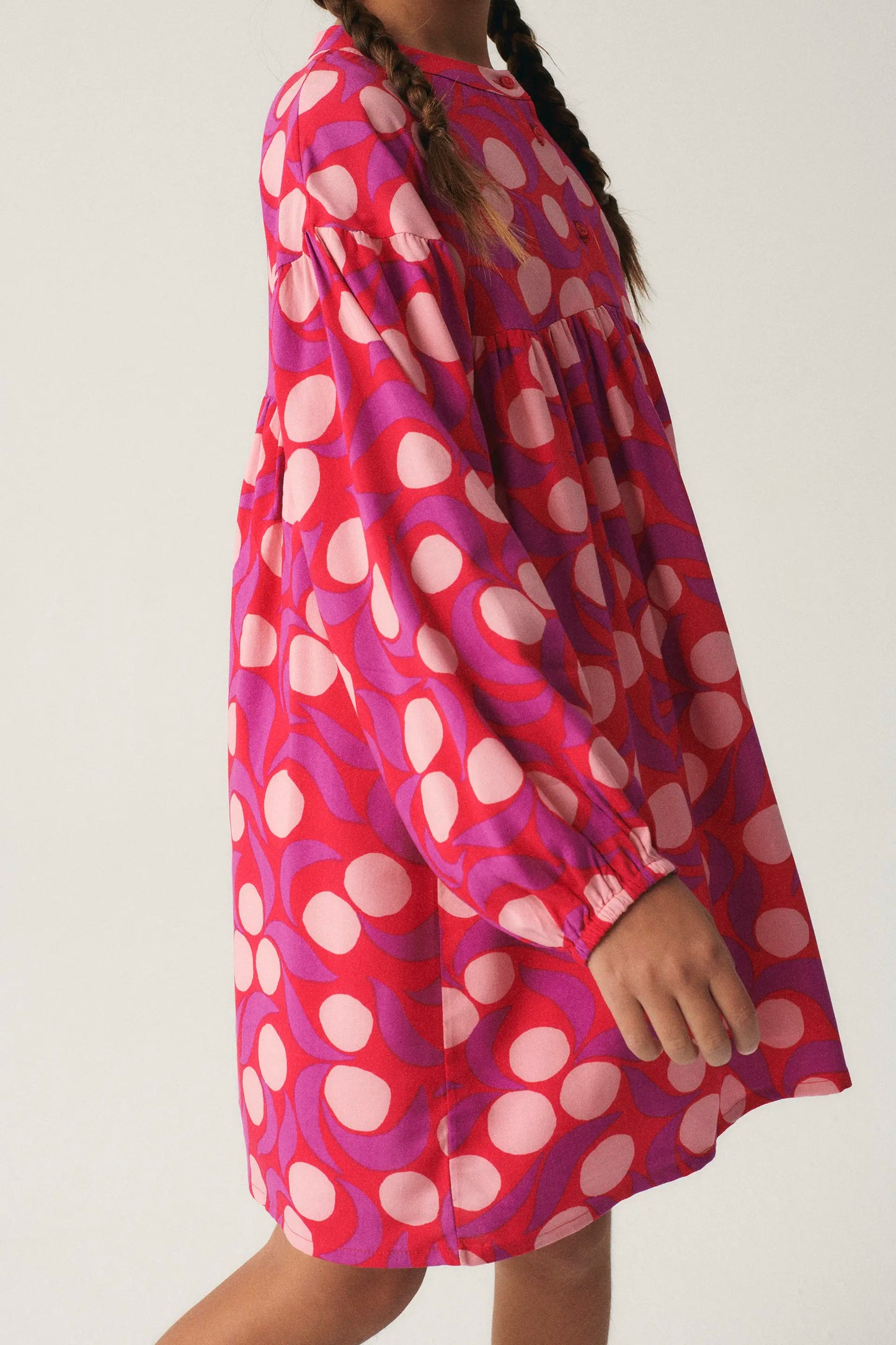 Girl's short shirt dress with pink fantasy print