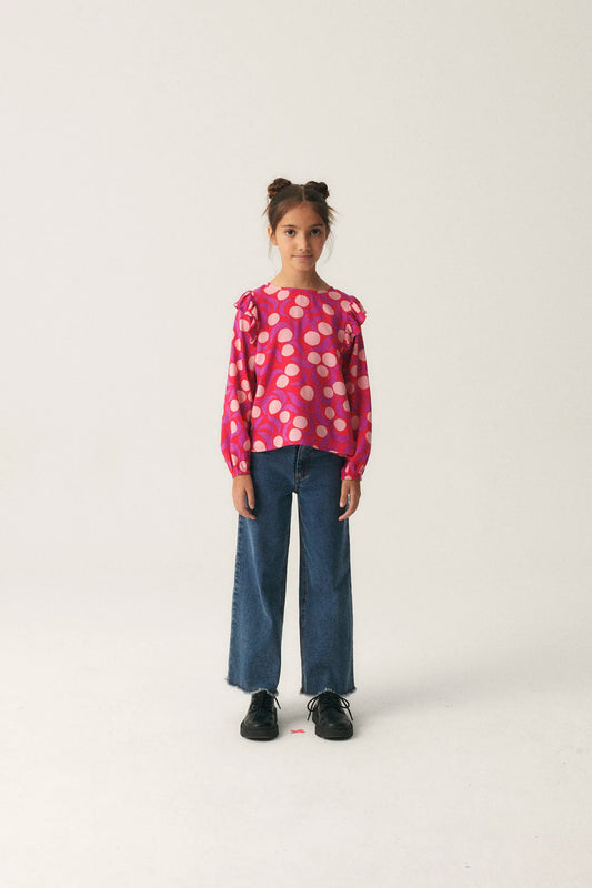 Top de niña con volantes y estampado fantasía rosa
