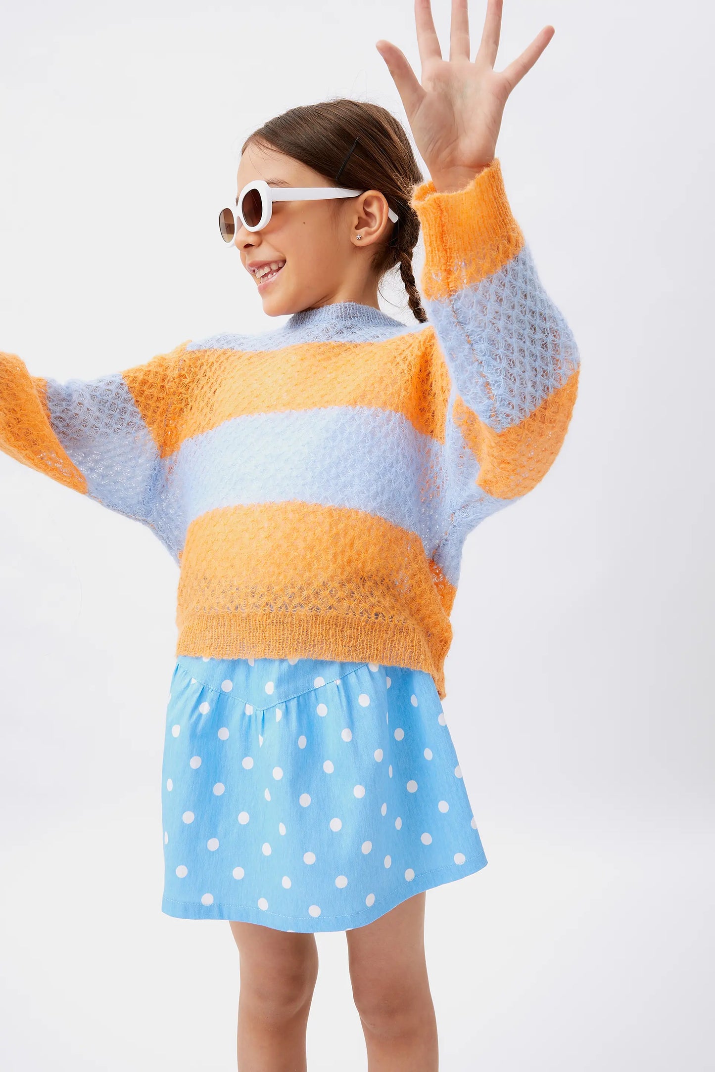 Jersey de niña punto trenzado rayas azul