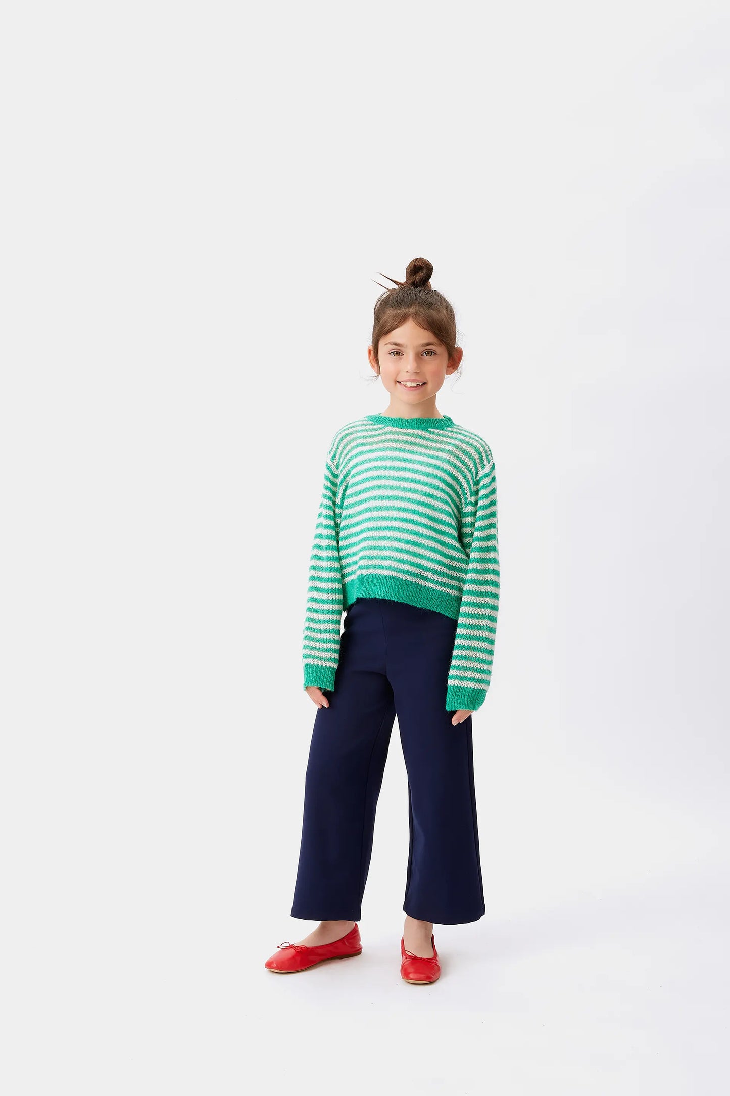 Jersey de niña punto trenzado rayas verde