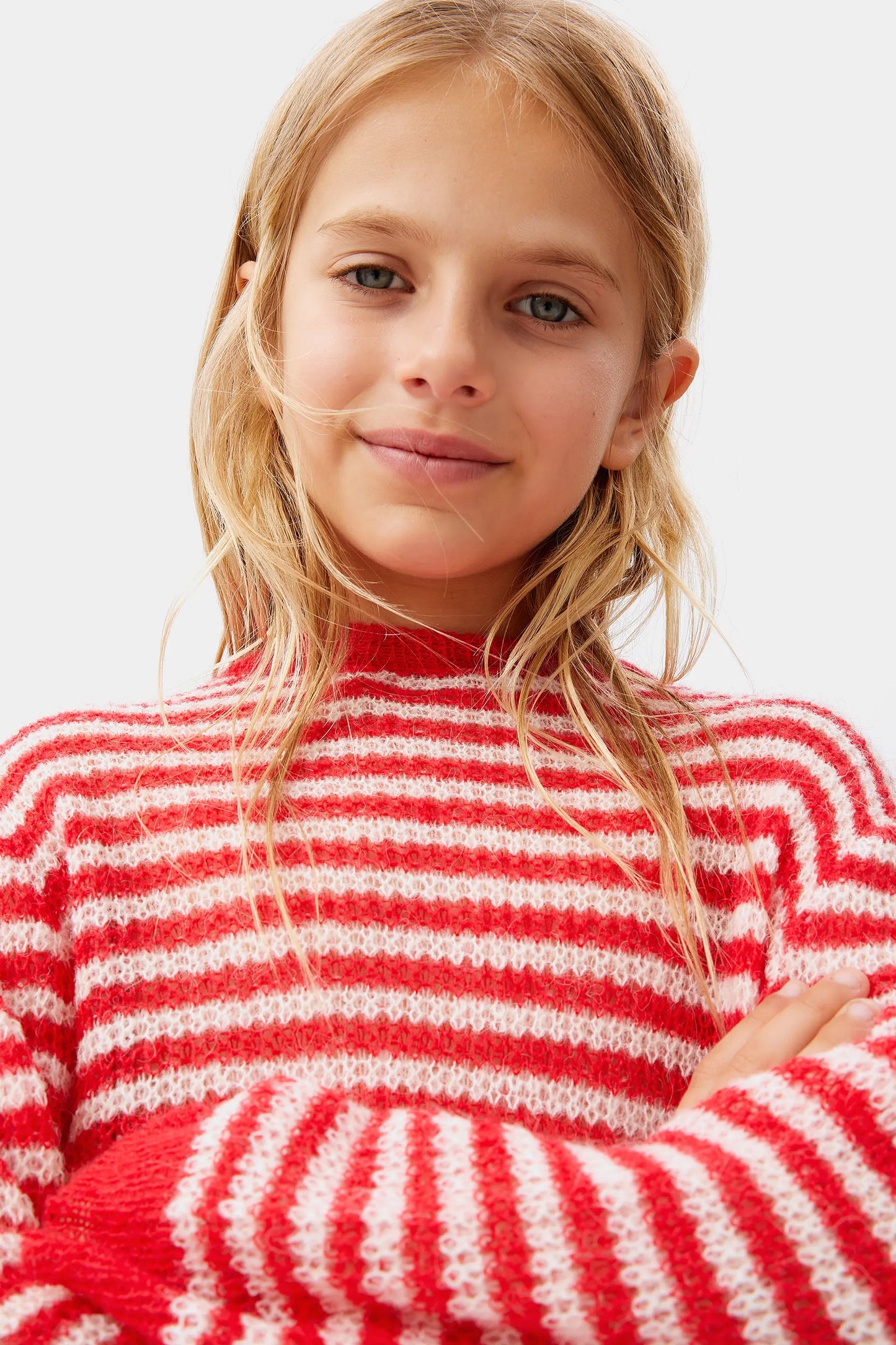 Jersey de niña punto trenzado rayas rojo
