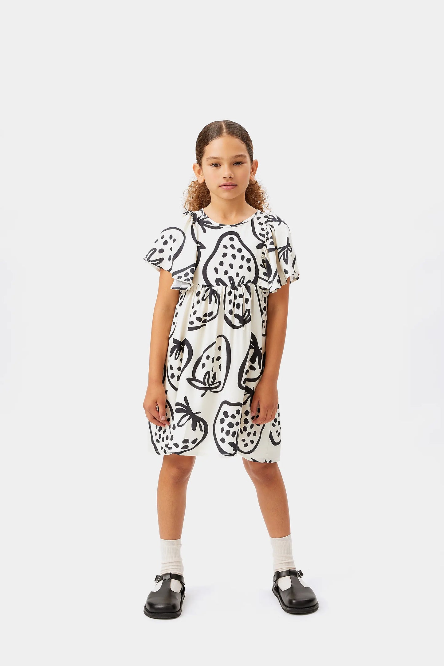 Girl's short white strawberry print dress