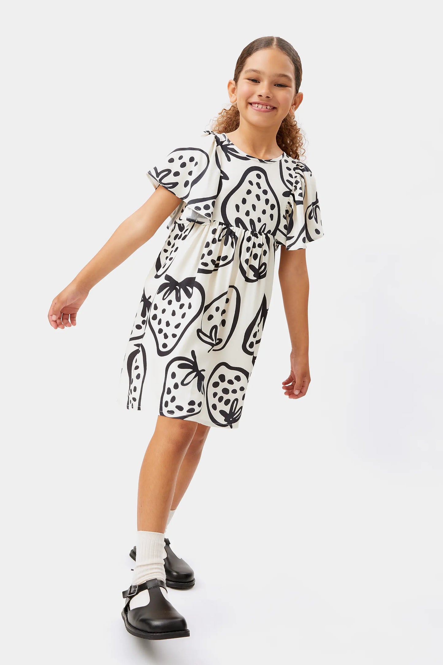 Girl's short white strawberry print dress