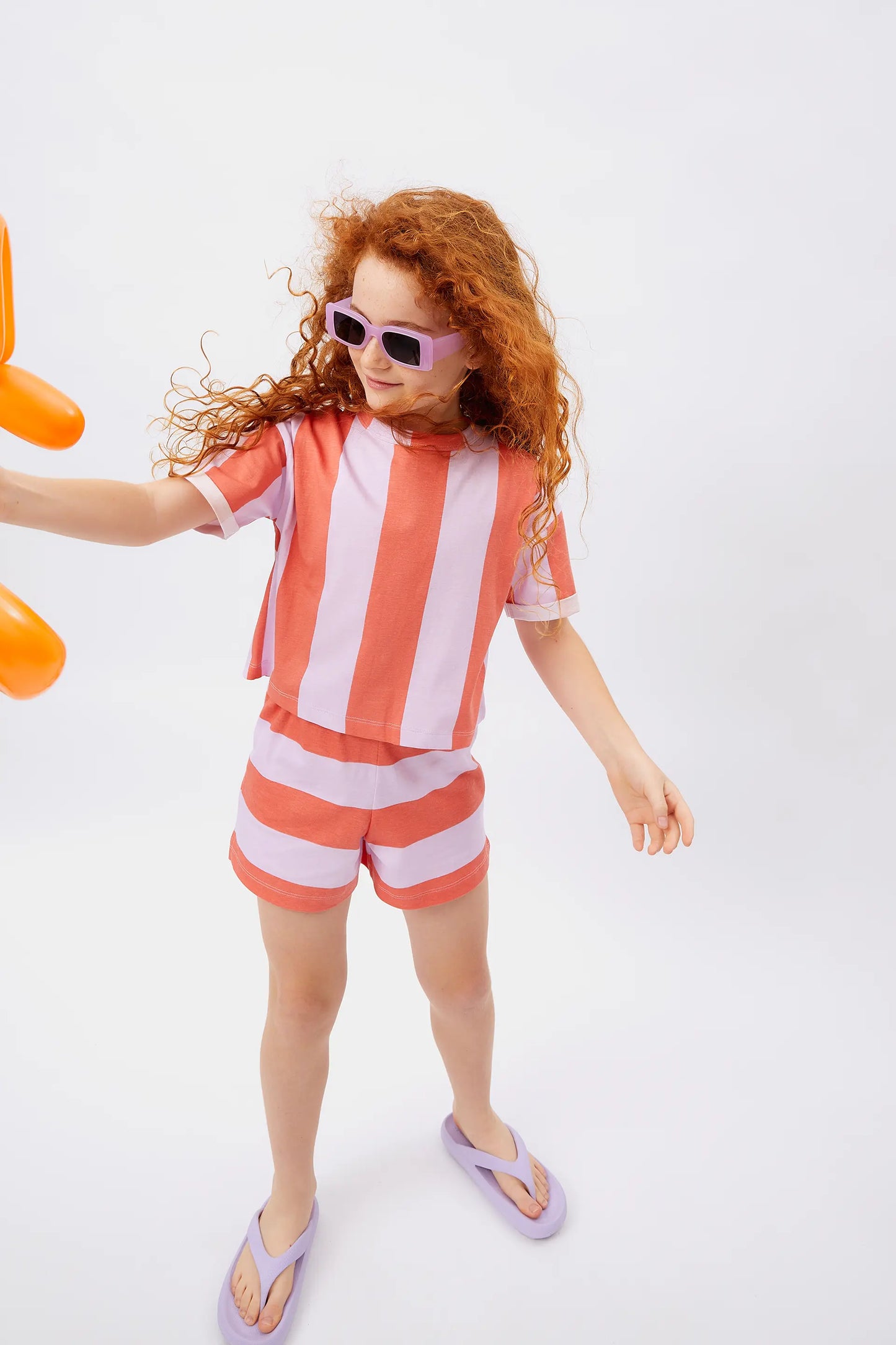 Coral and lilac striped unisex t-shirt