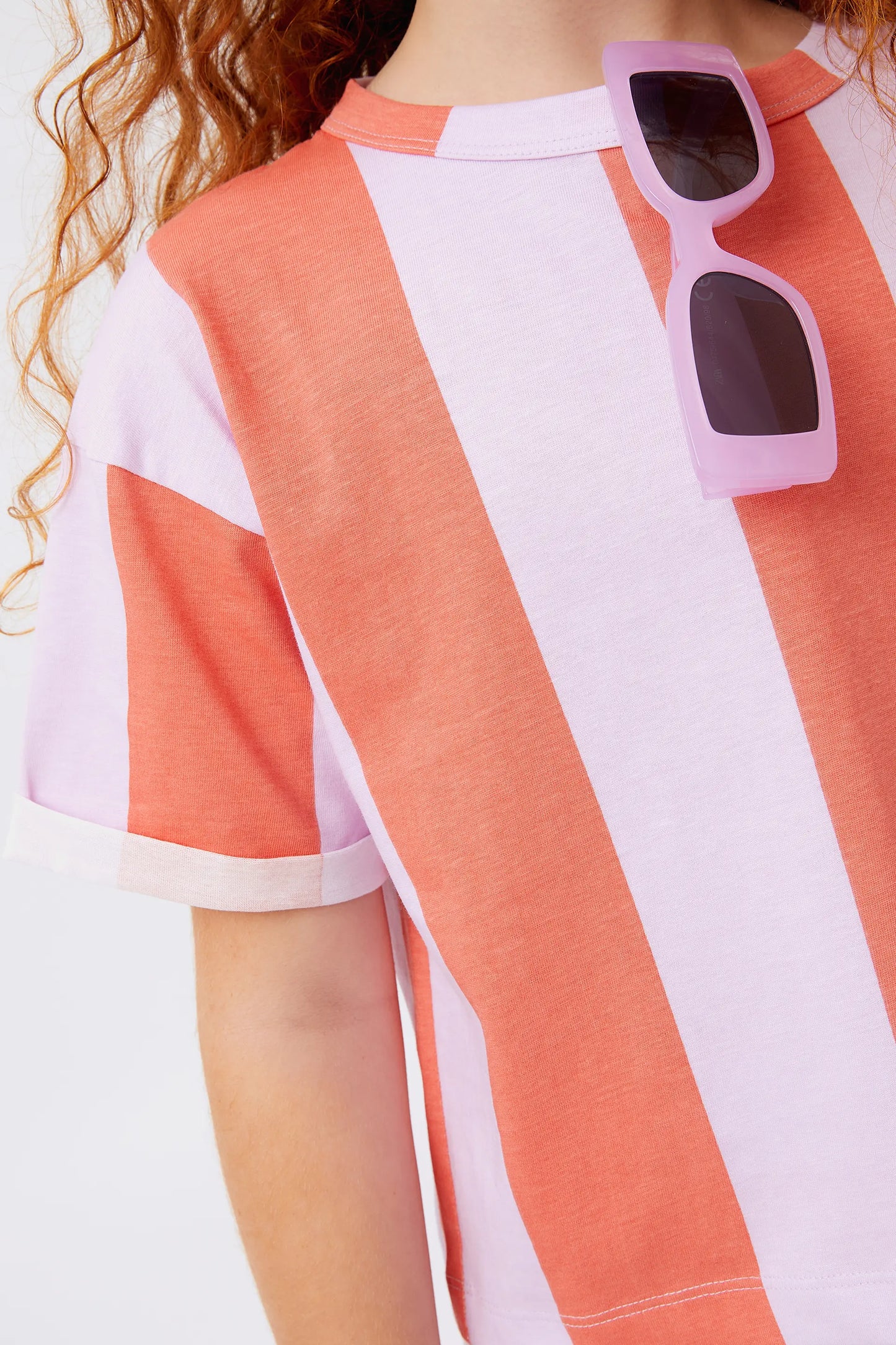 Coral and lilac striped unisex t-shirt
