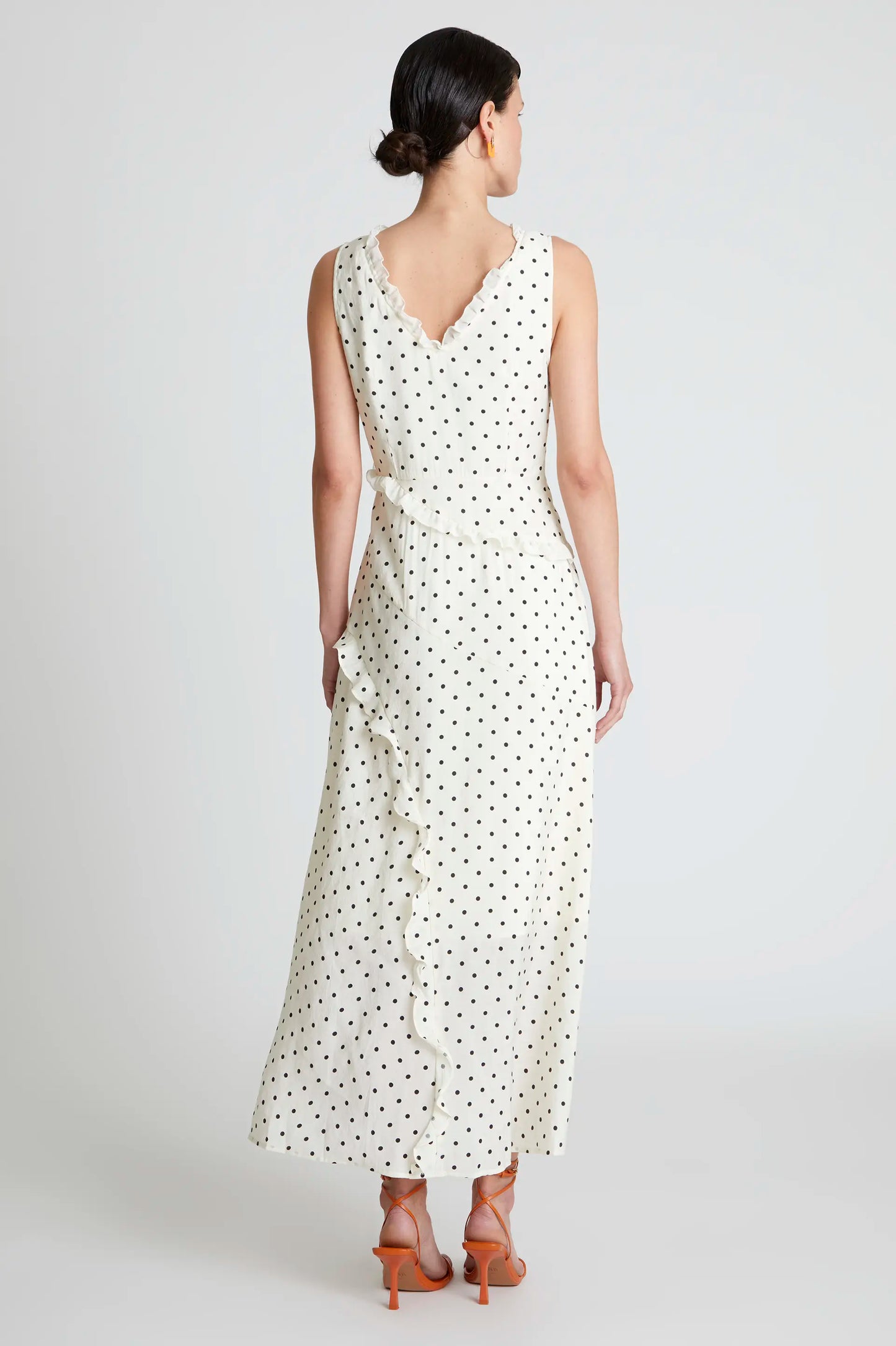 Long white polka dot ruffle dress