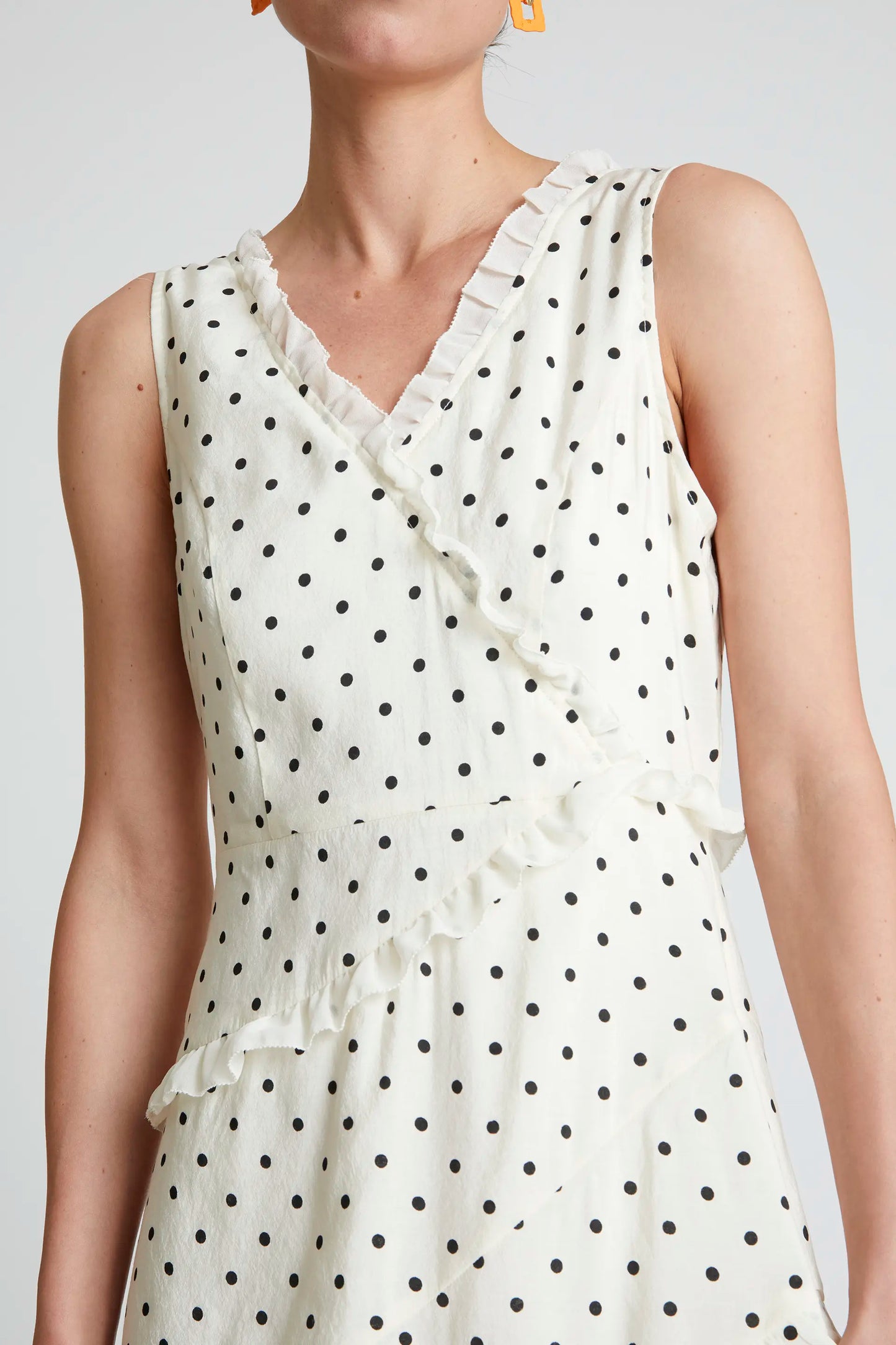 Long white polka dot ruffle dress
