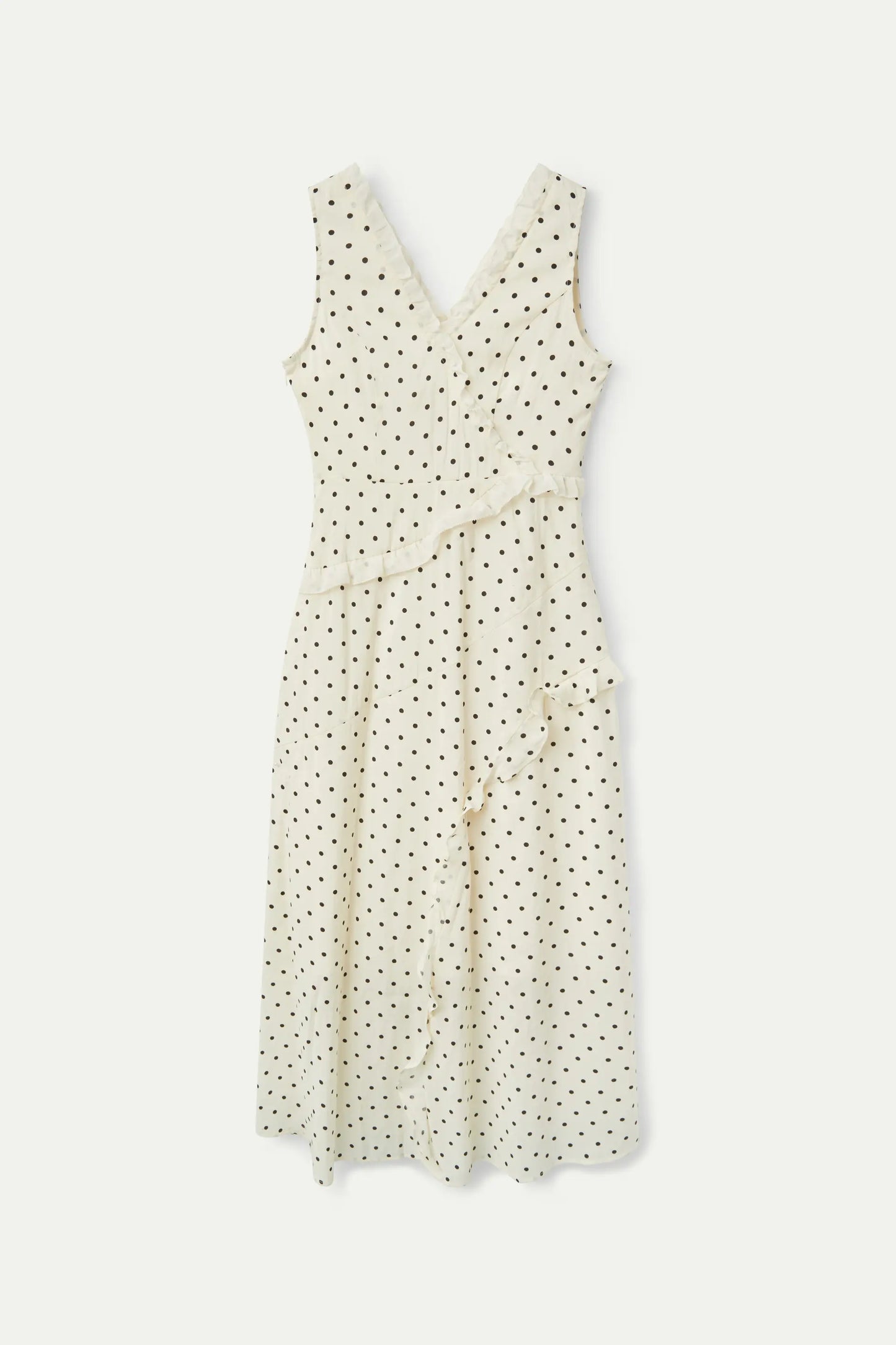Long white polka dot ruffle dress