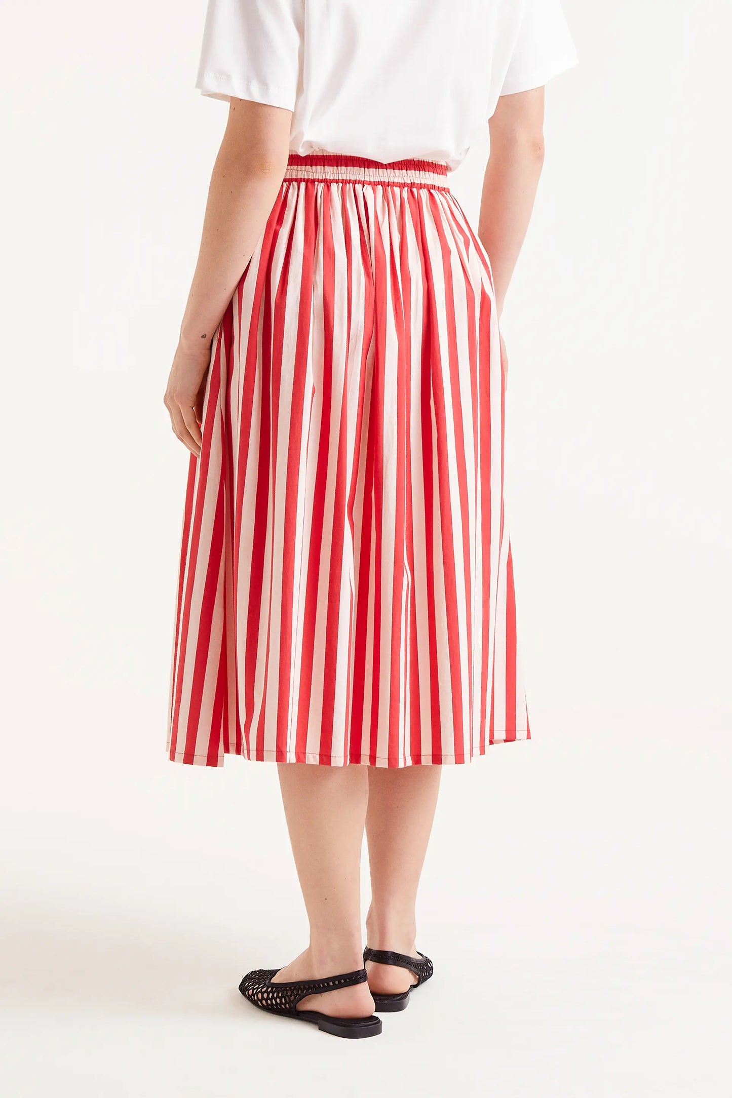 Red striped print midi skirt