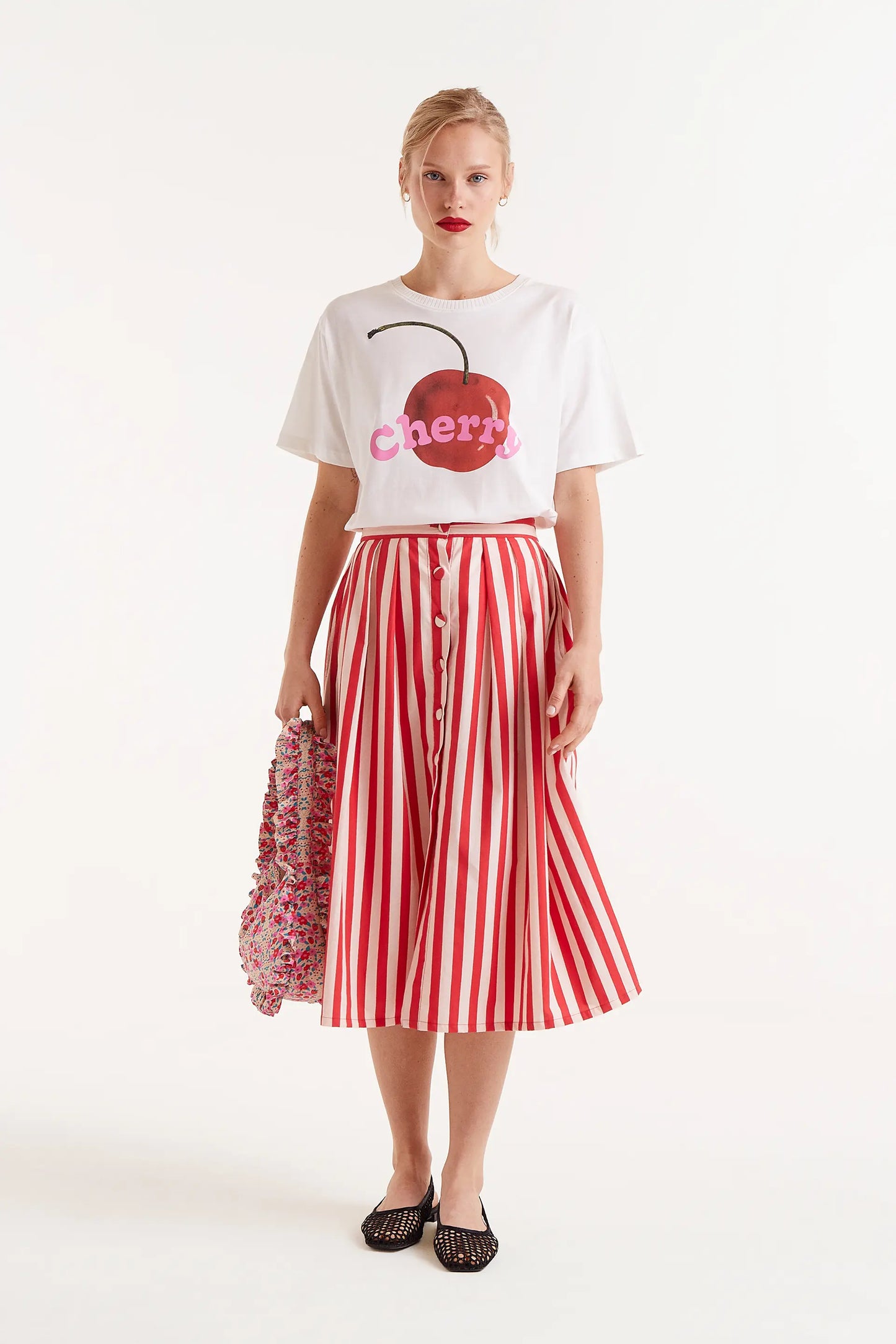 Red striped print midi skirt