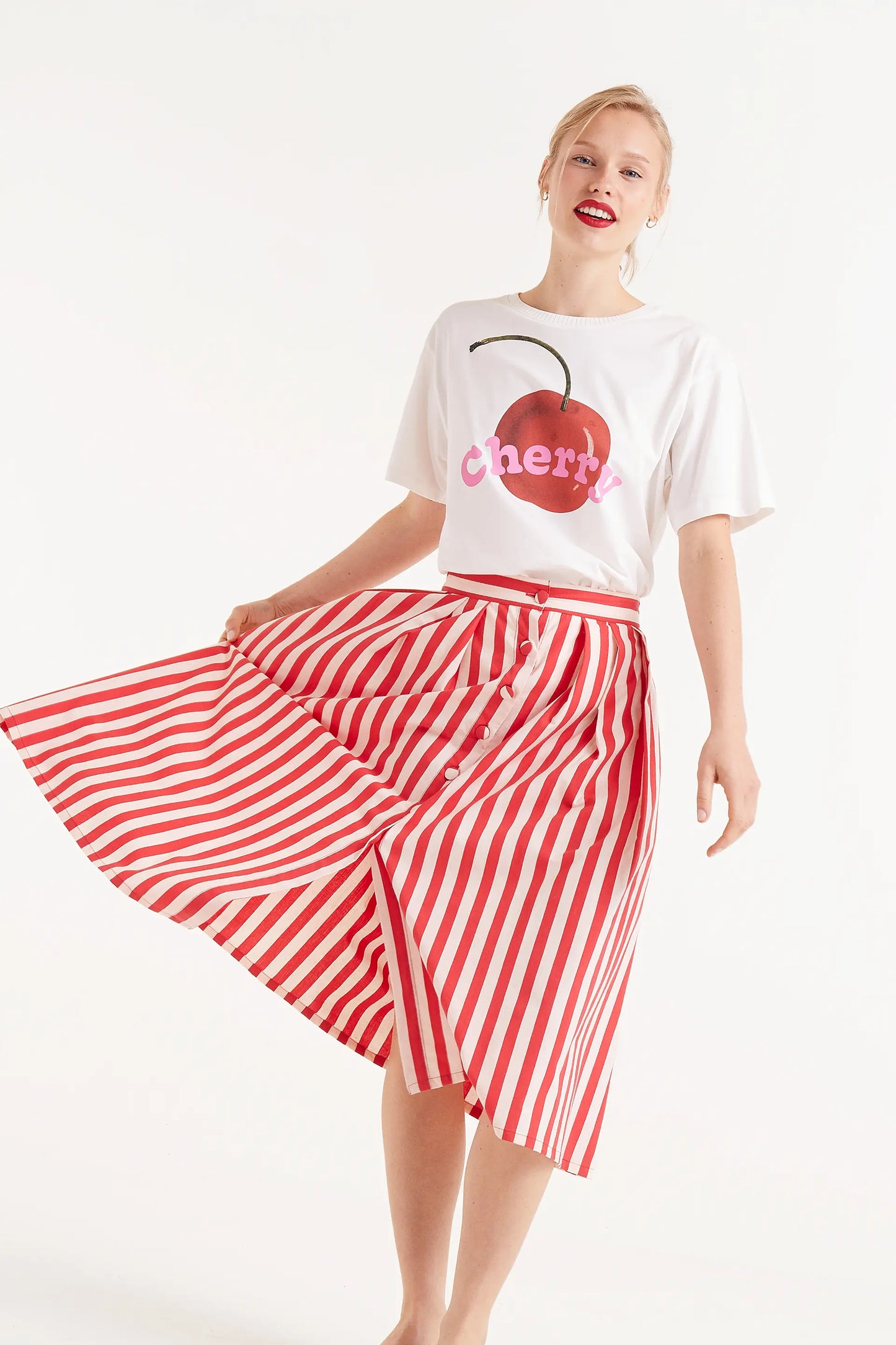 Red striped print midi skirt