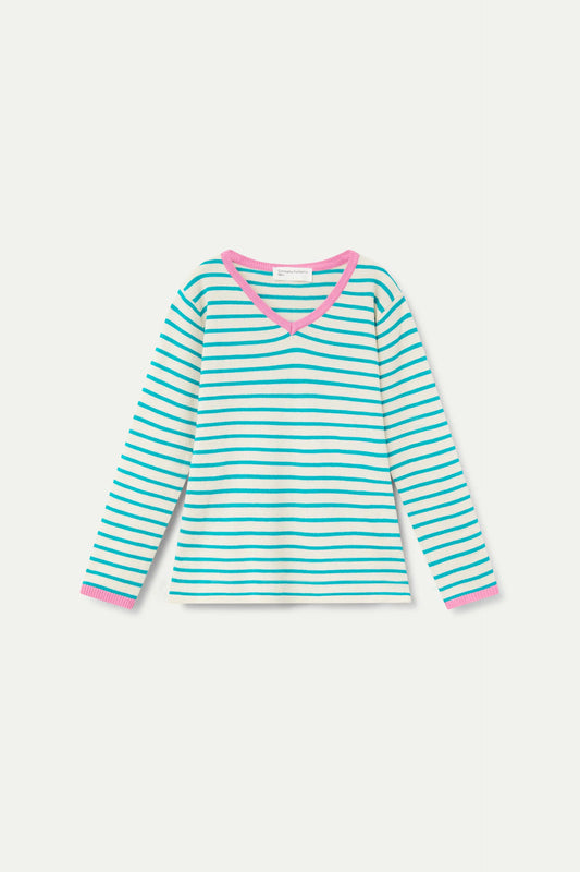 Jersey de niña cuello pico rayas verde