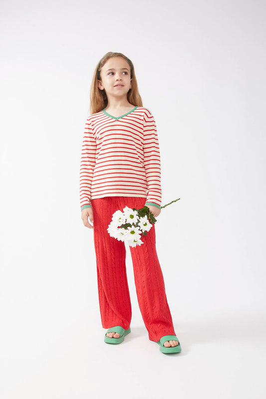 Jersey de niña cuello pico rayas rojas