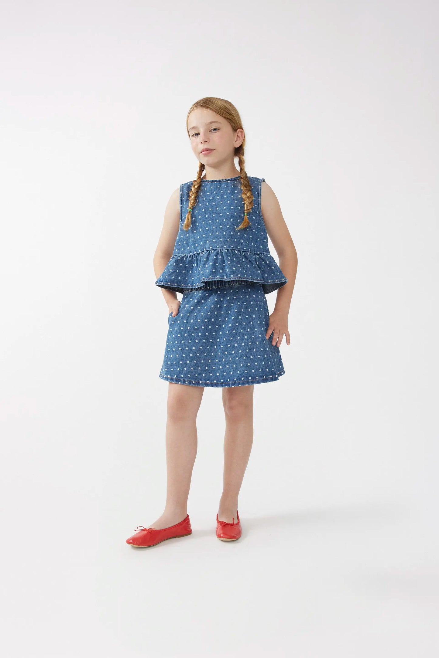 Polka dot denim girl's short skirt