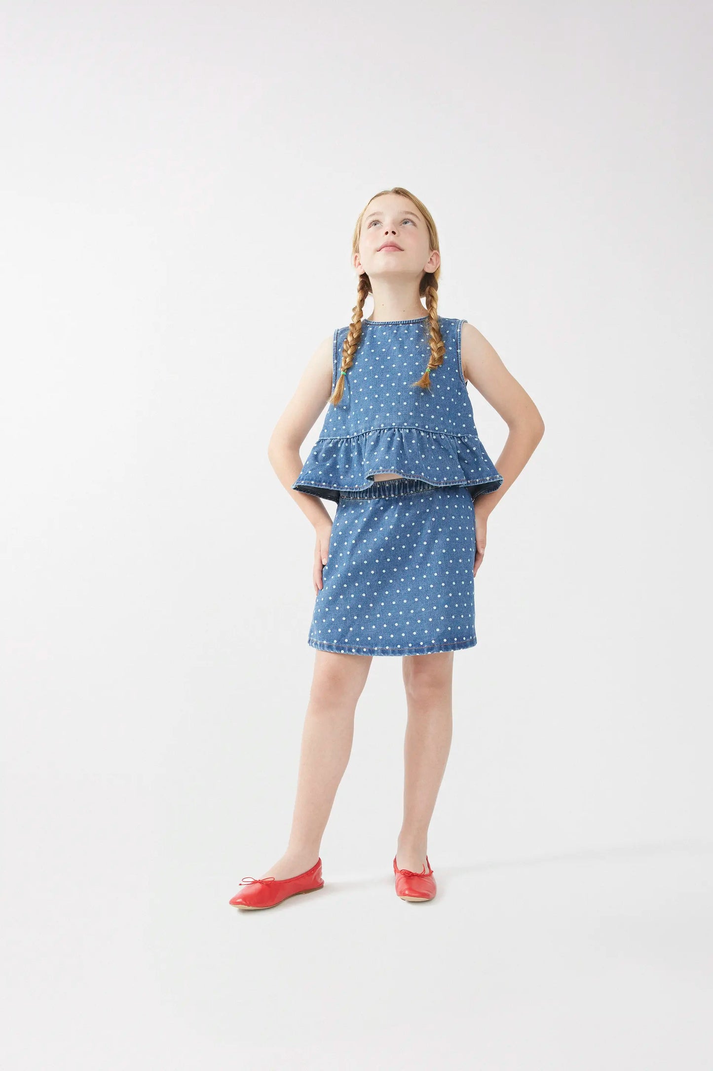 Polka dot denim girl's short skirt