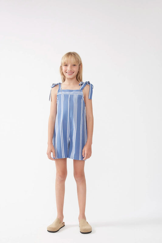 Tuta corta a righe blu da bambina