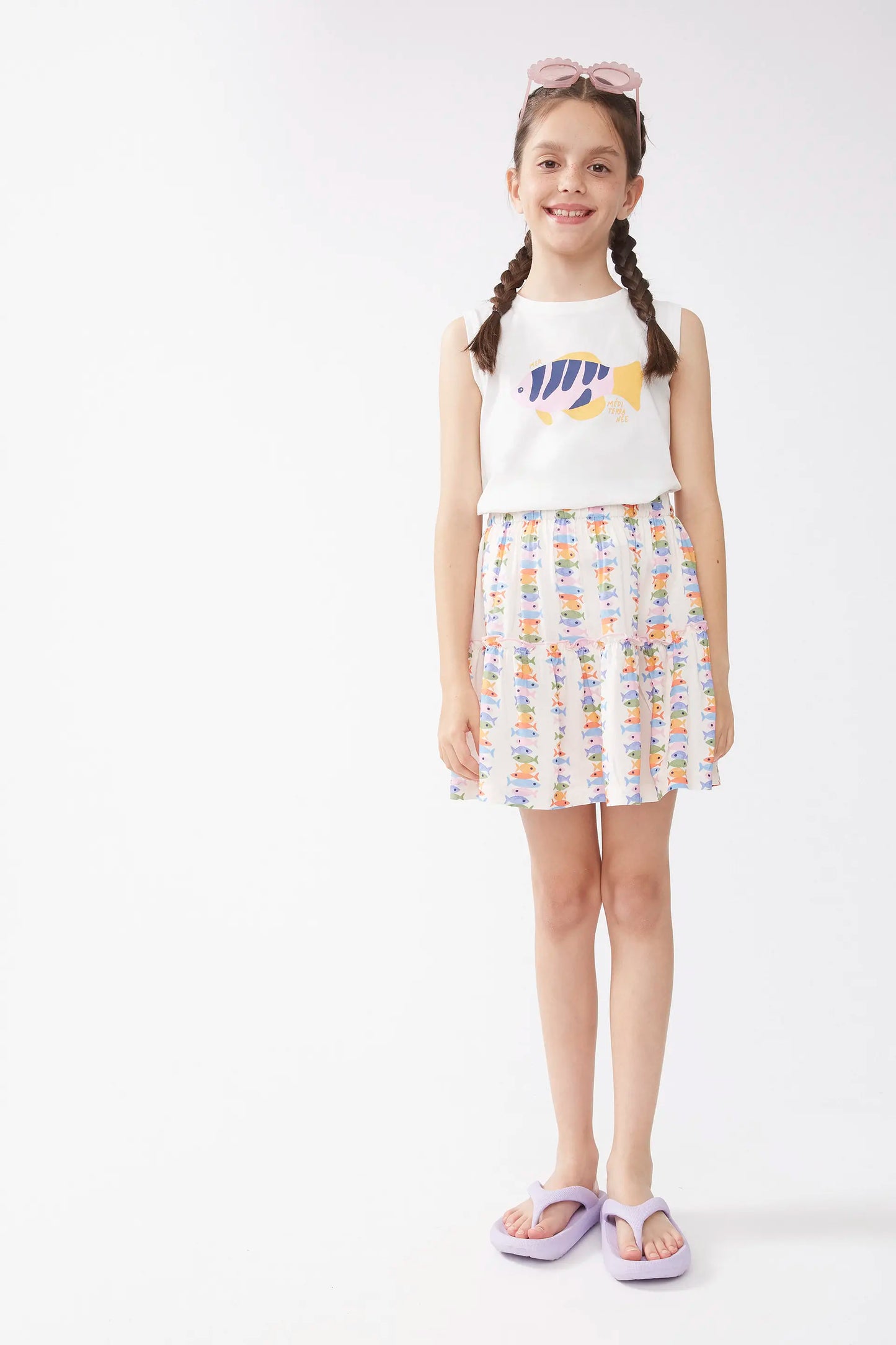 LENZING™ ECOVERO™ rayon girls' short skirt with a Marina print