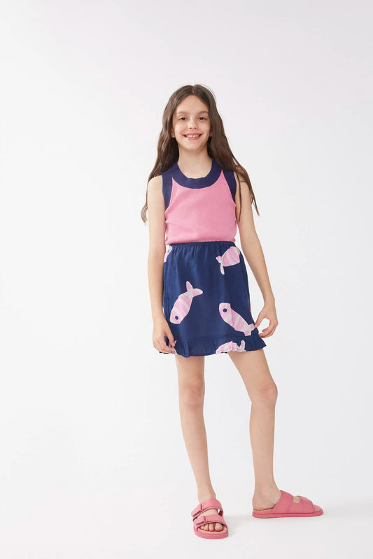 Falda corta de niña rayón LENZING™ ECOVERO™ con estampado Eureka