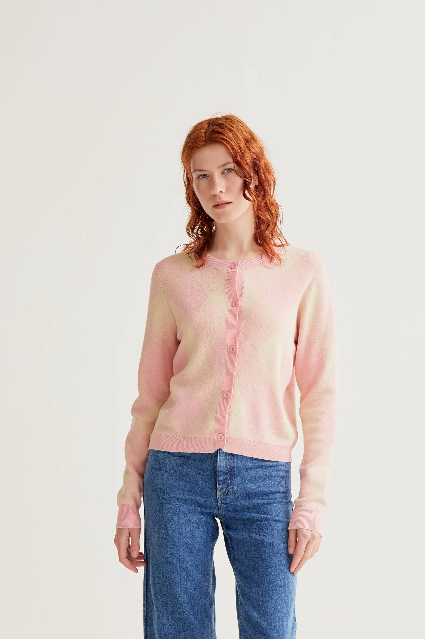 Cárdigan punto con estampado rombos rosa